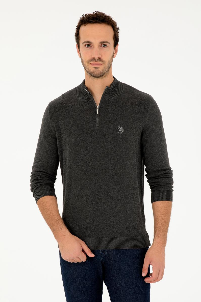 Erkek Slim Fit Yarım Fermuarlı Antrasit Melanj Basic Kazak