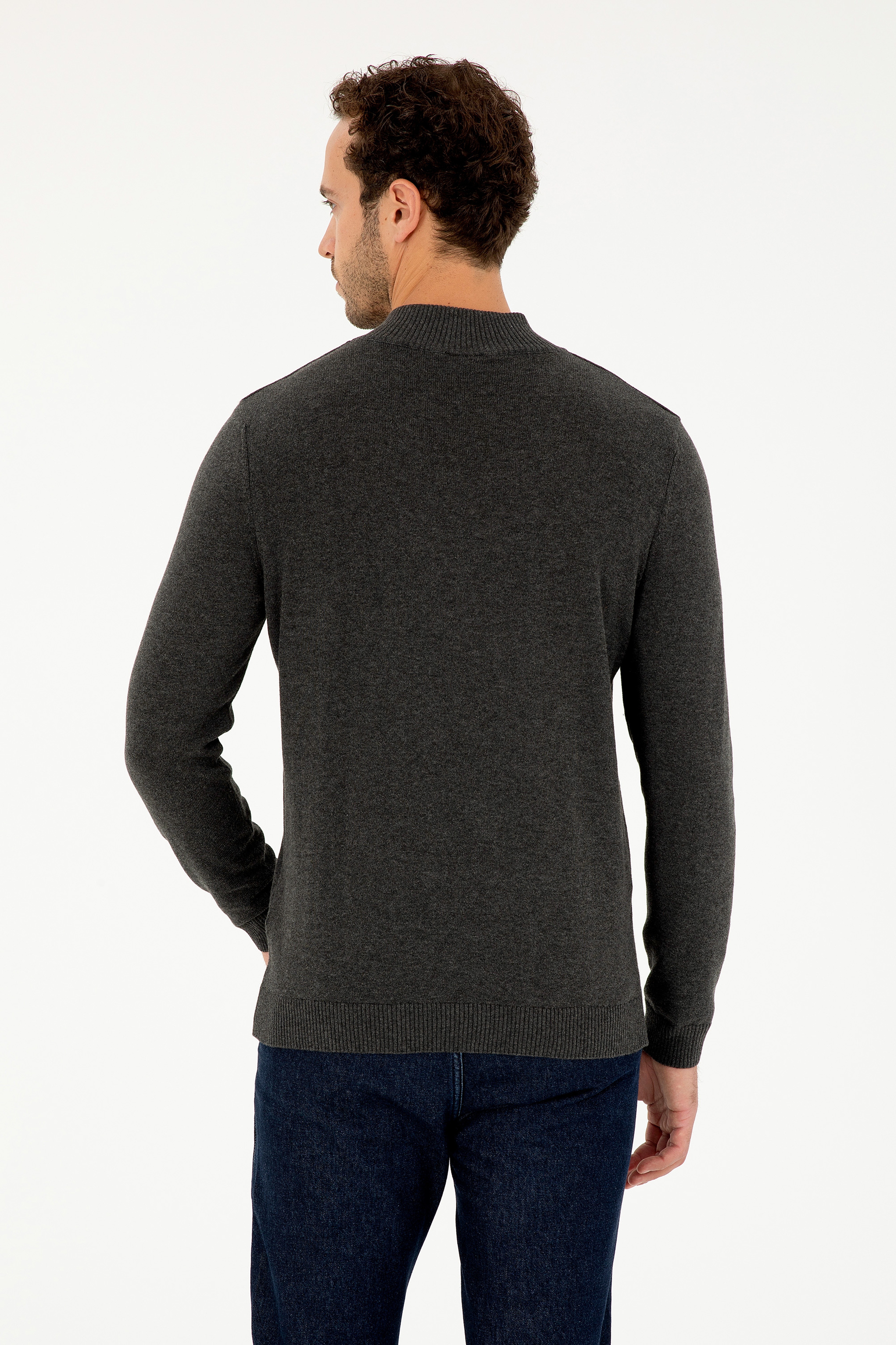 Erkek Slim Fit Yarım Fermuarlı Antrasit Melanj Basic Kazak - Image 5