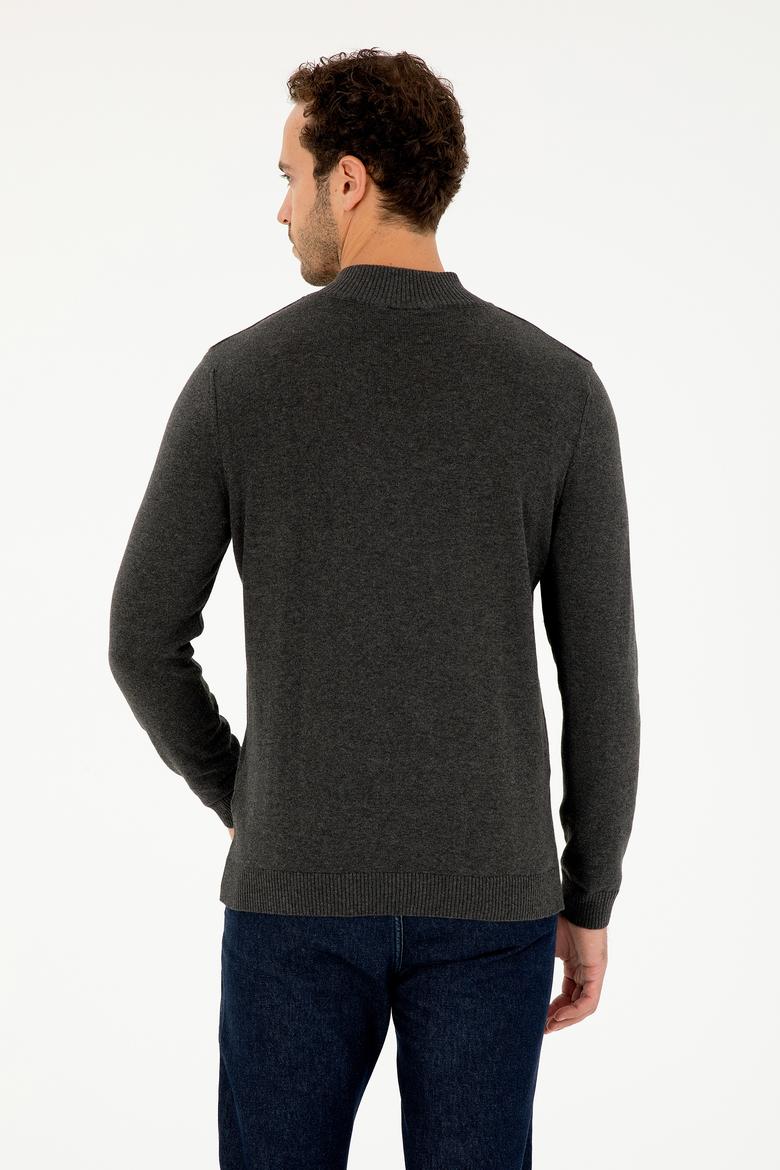 Erkek Slim Fit Yarım Fermuarlı Antrasit Melanj Basic Kazak - 50293517057