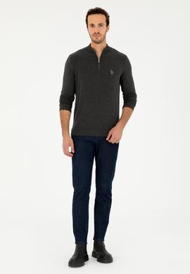 Erkek Slim Fit Yarım Fermuarlı Antrasit Melanj Basic Kazak - 50293517057