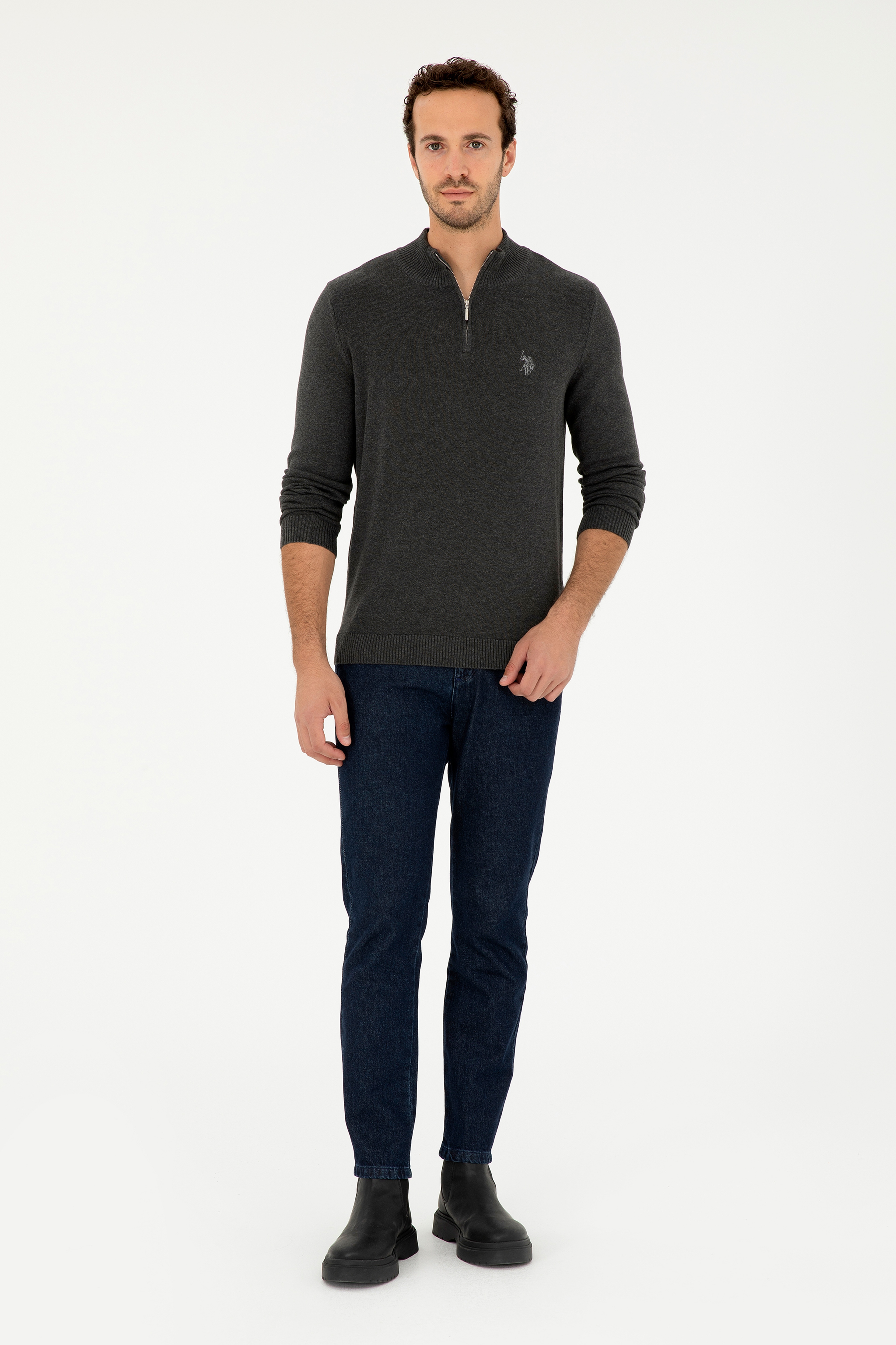 Erkek Slim Fit Yarım Fermuarlı Antrasit Melanj Basic Kazak