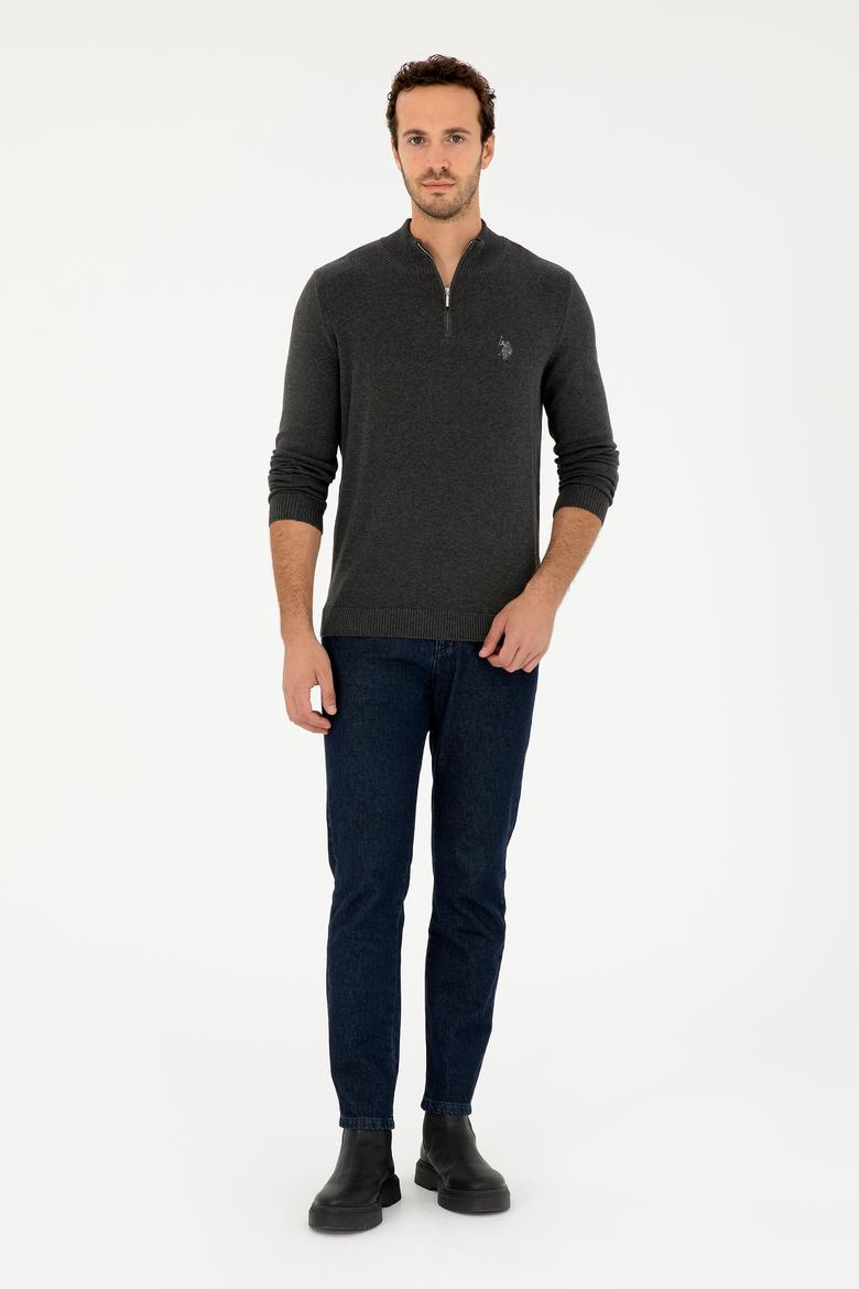 Erkek Slim Fit Yarım Fermuarlı Antrasit Melanj Basic Kazak - 50293517057