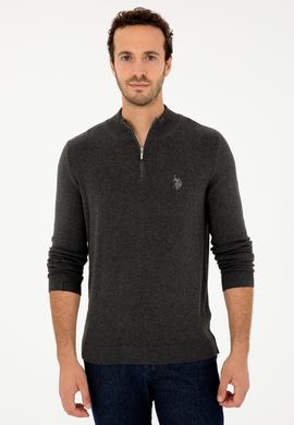 Erkek Slim Fit Yarım Fermuarlı Antrasit Melanj Basic Kazak - 50293517057