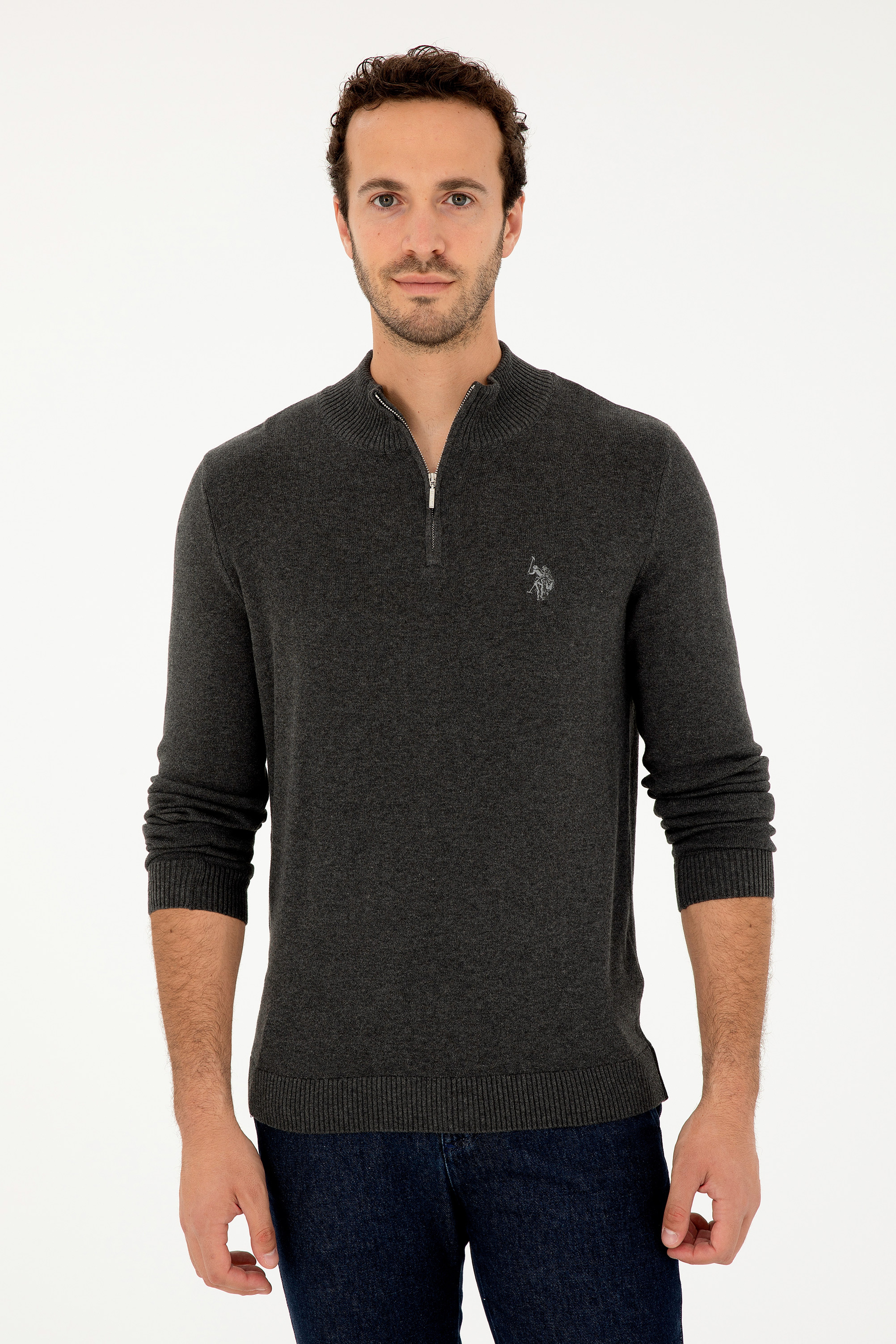 Erkek Slim Fit Yarım Fermuarlı Antrasit Melanj Basic Kazak - Image 3