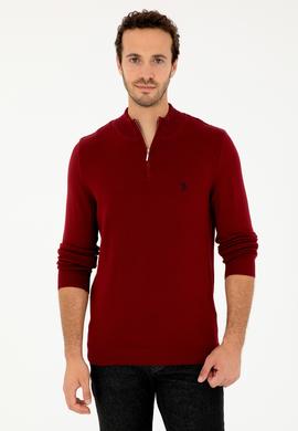 Erkek Slim Fit Yarım Fermuarlı Bordo Basic Kazak - 50293517033