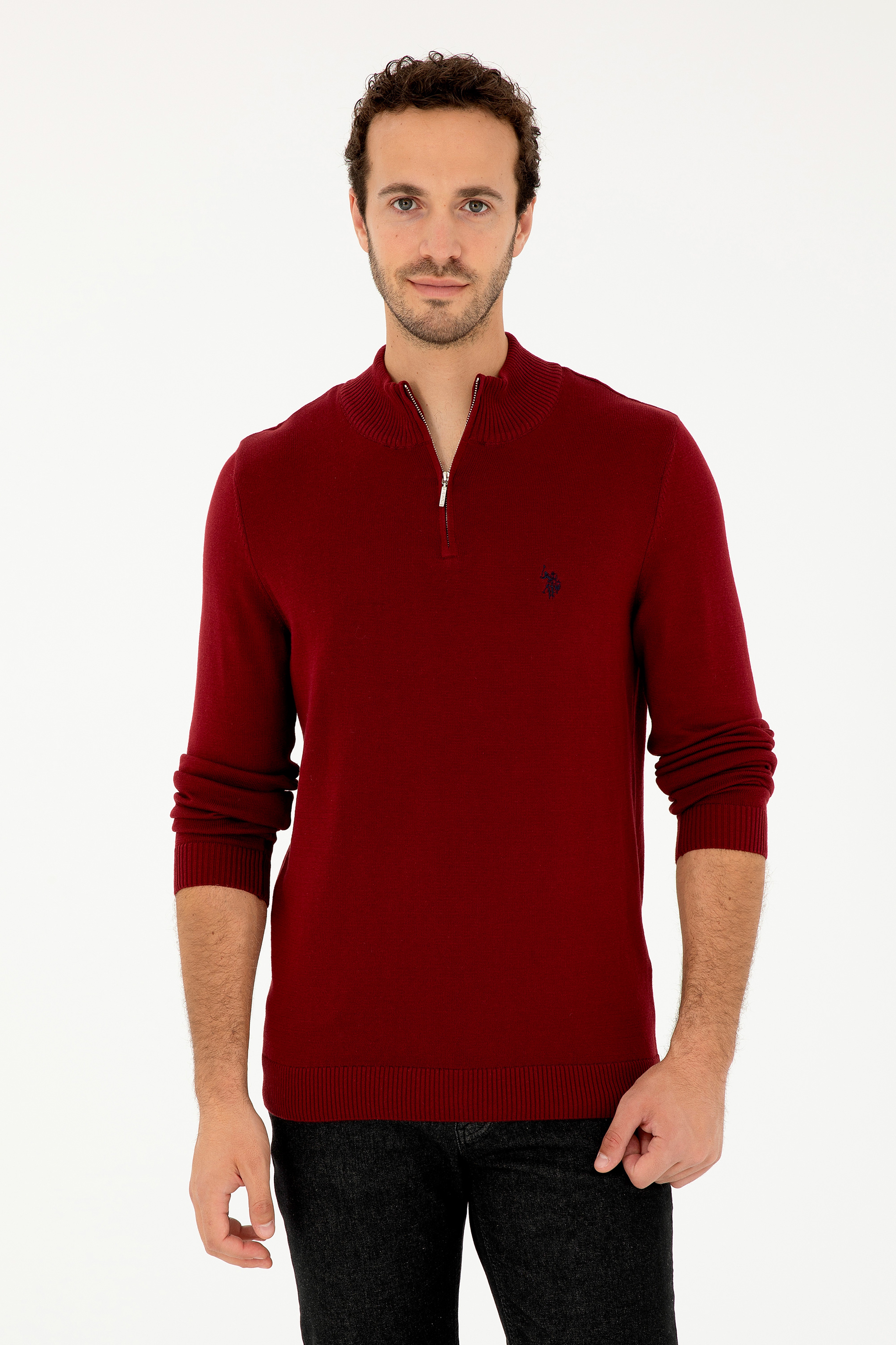 Erkek Slim Fit Yarım Fermuarlı Bordo Basic Kazak - Image 1