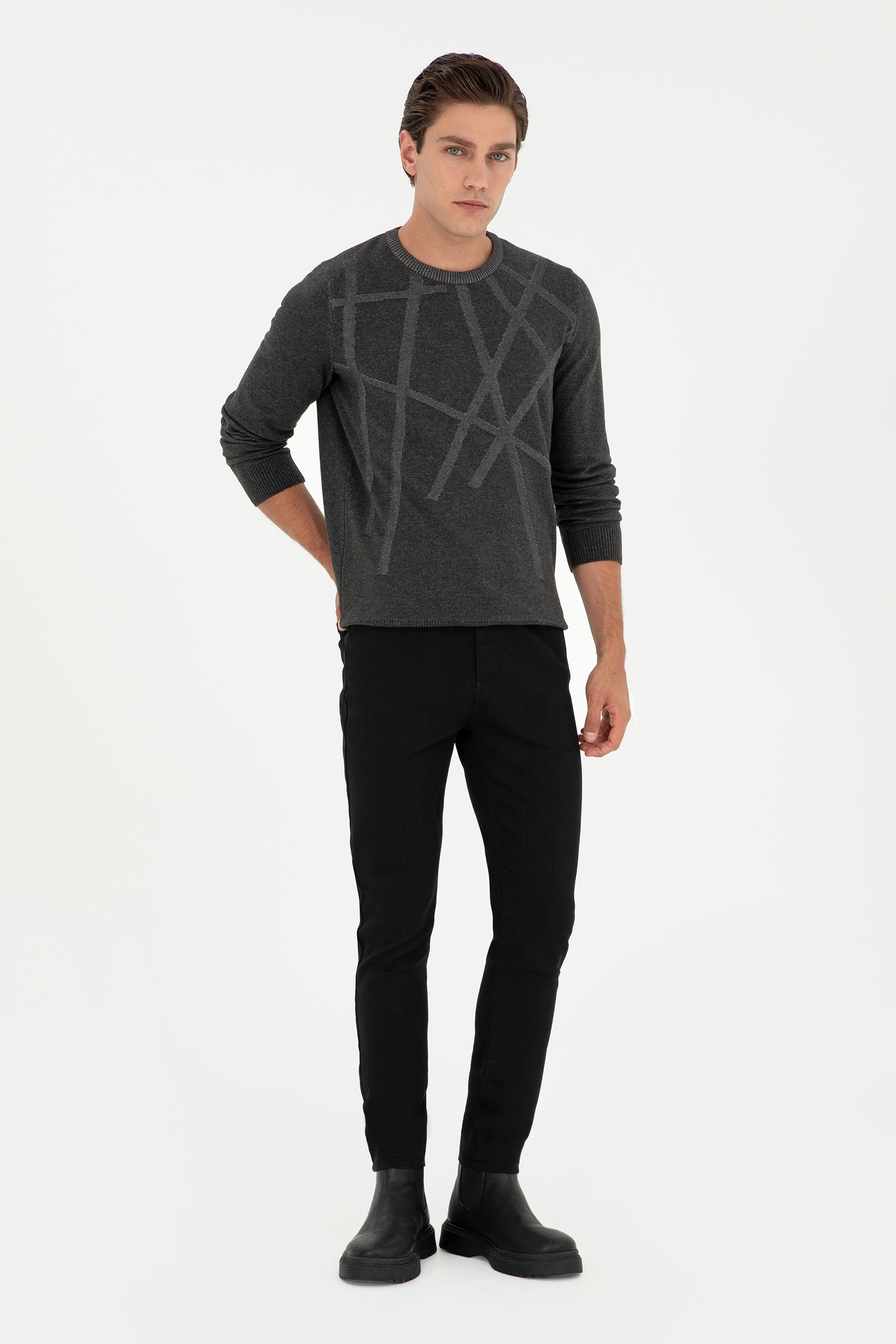 Erkek Slim Fit Bisiklet Yaka Antrasit Kazak - Image 4