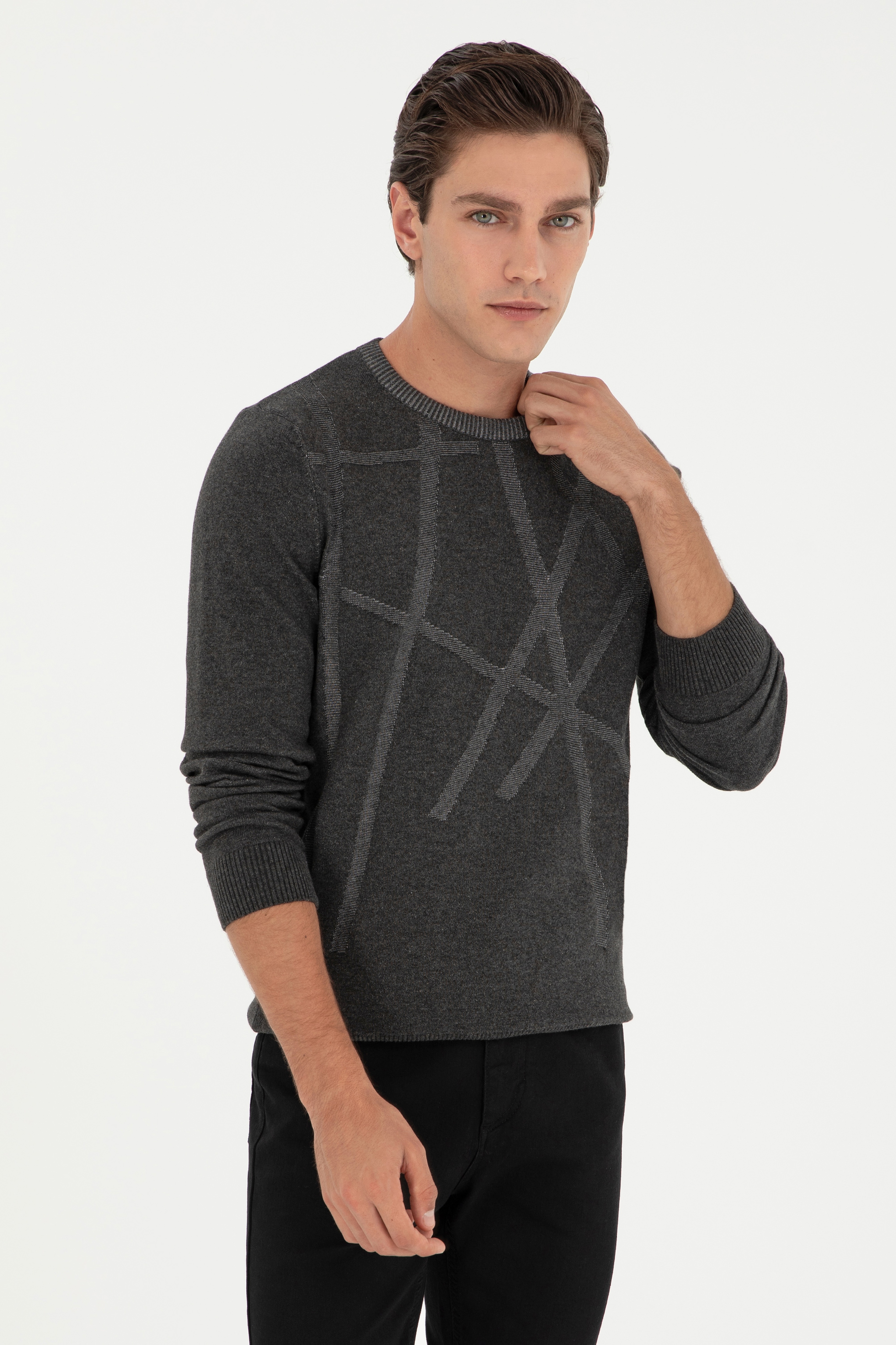Erkek Slim Fit Bisiklet Yaka Antrasit Kazak - Image 1