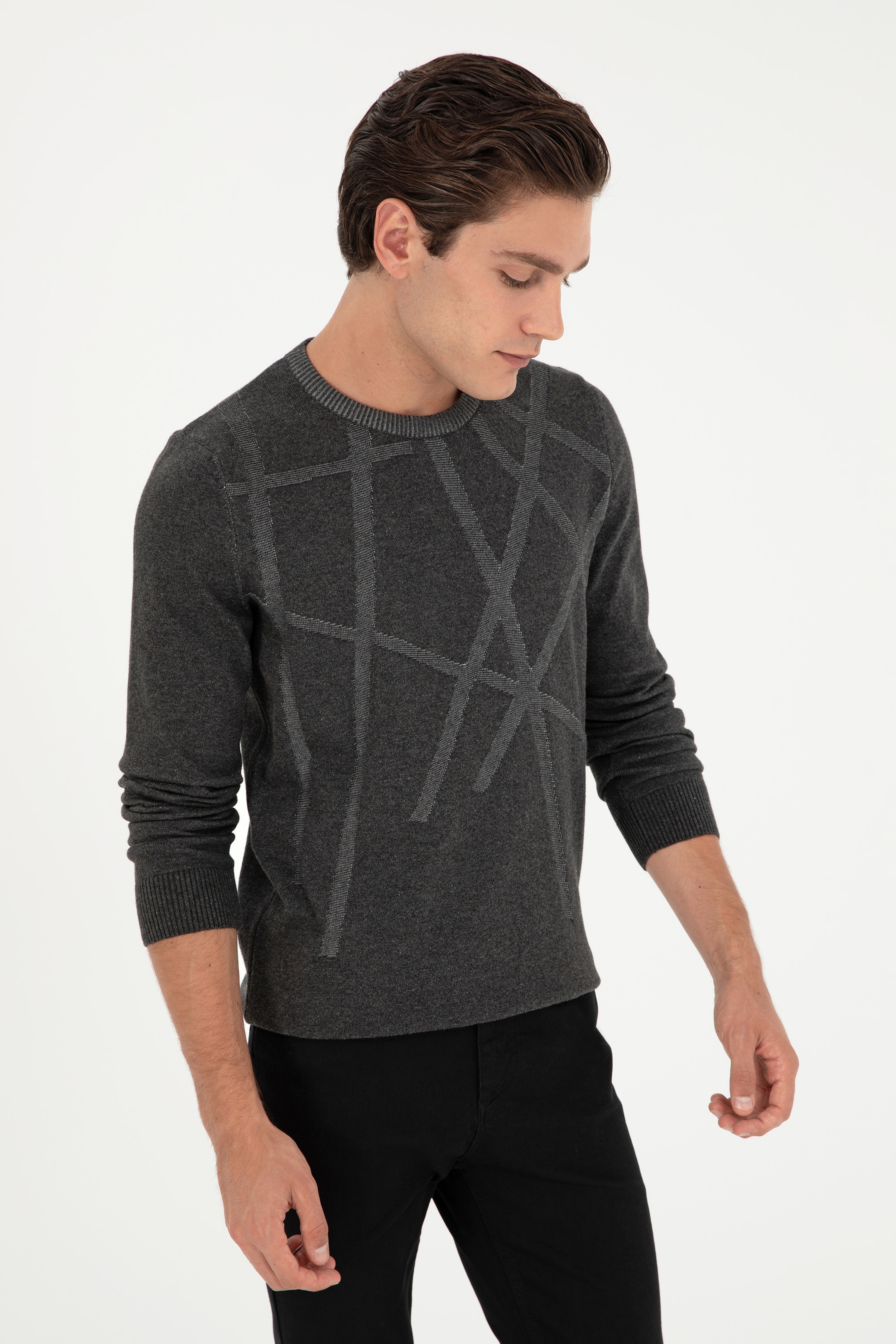 Erkek Slim Fit Bisiklet Yaka Antrasit Kazak - Image 3