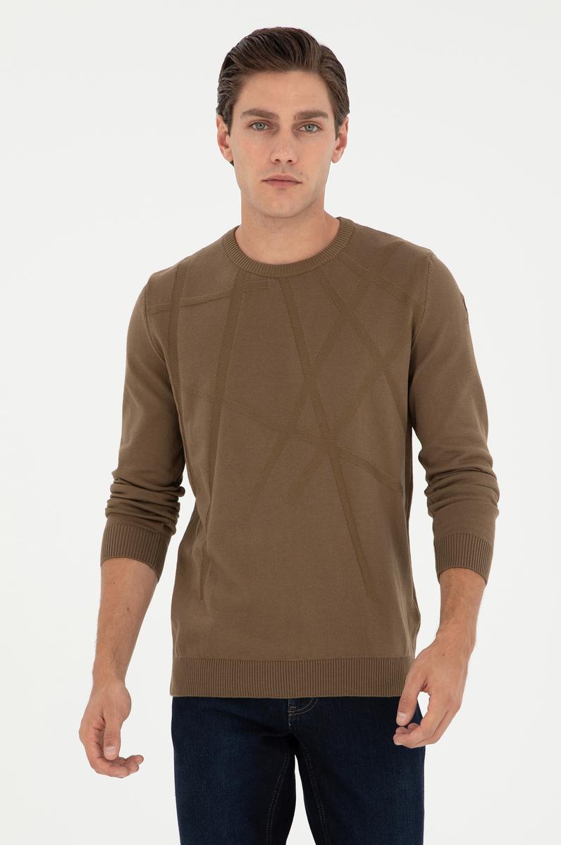 Erkek Slim Fit Bisiklet Yaka Haki Kazak