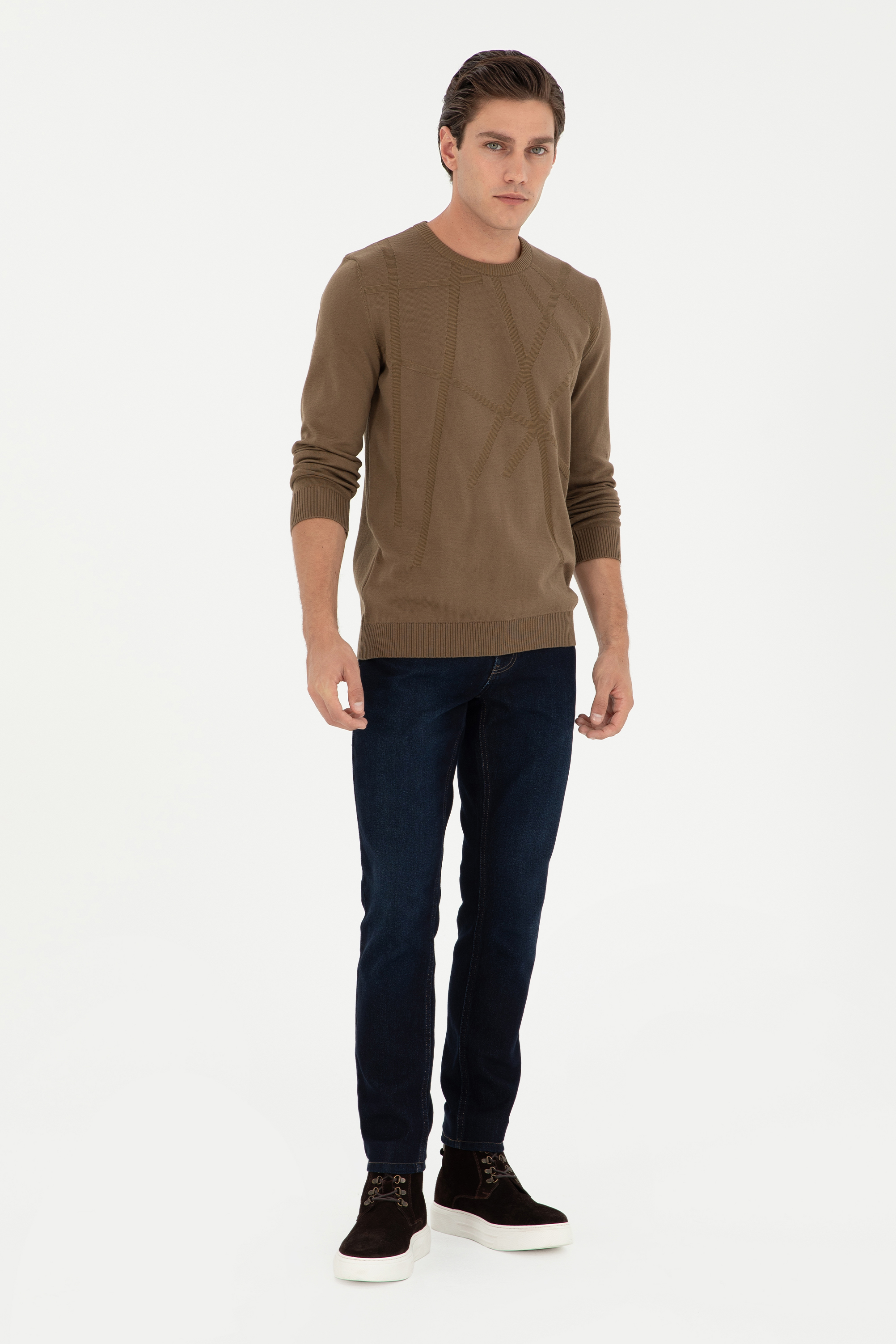 Erkek Slim Fit Bisiklet Yaka Haki Kazak - Image 4