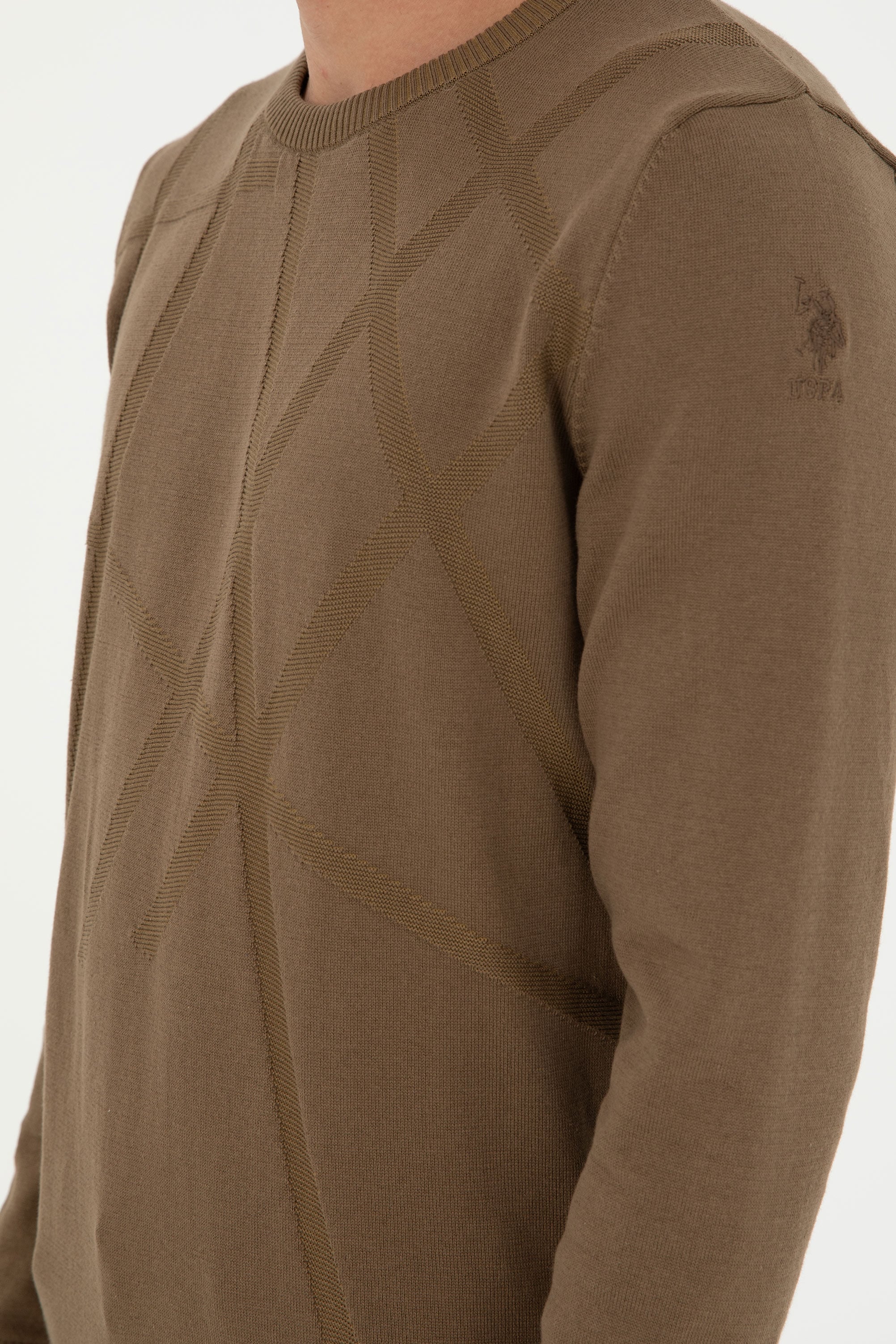 Erkek Slim Fit Bisiklet Yaka Haki Kazak