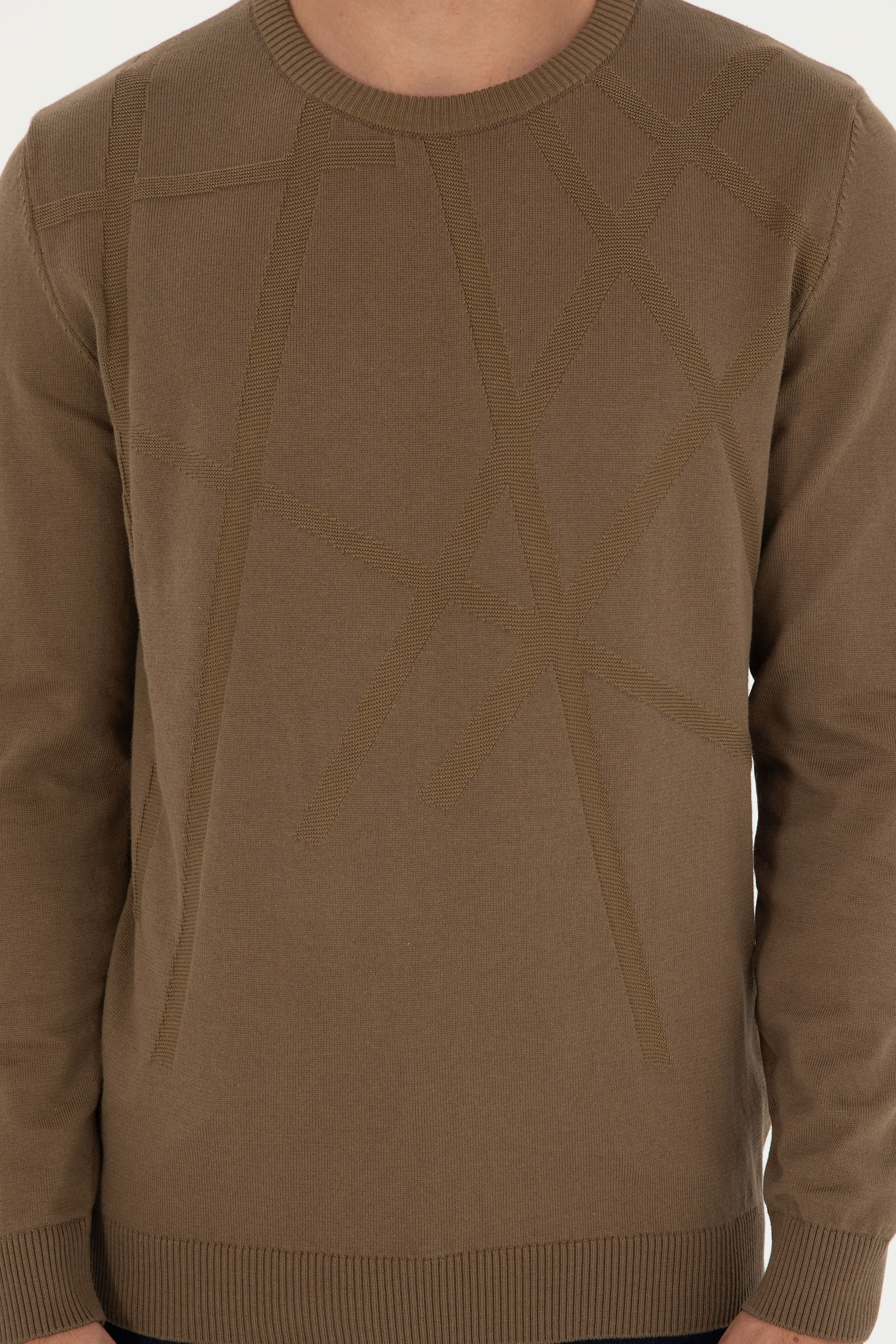 Erkek Slim Fit Bisiklet Yaka Haki Kazak - Image 6