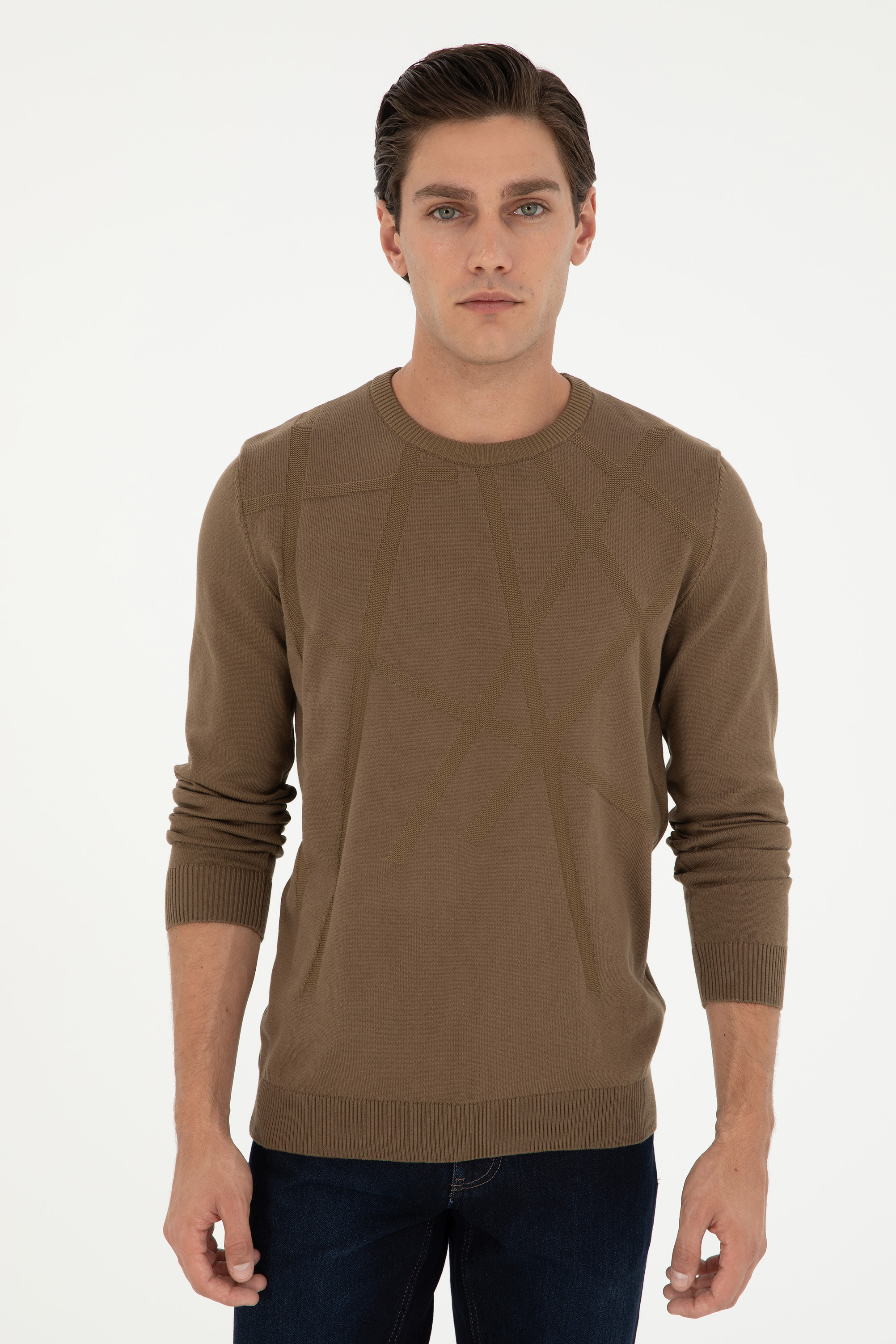 Erkek Slim Fit Bisiklet Yaka Haki Kazak - Image 3