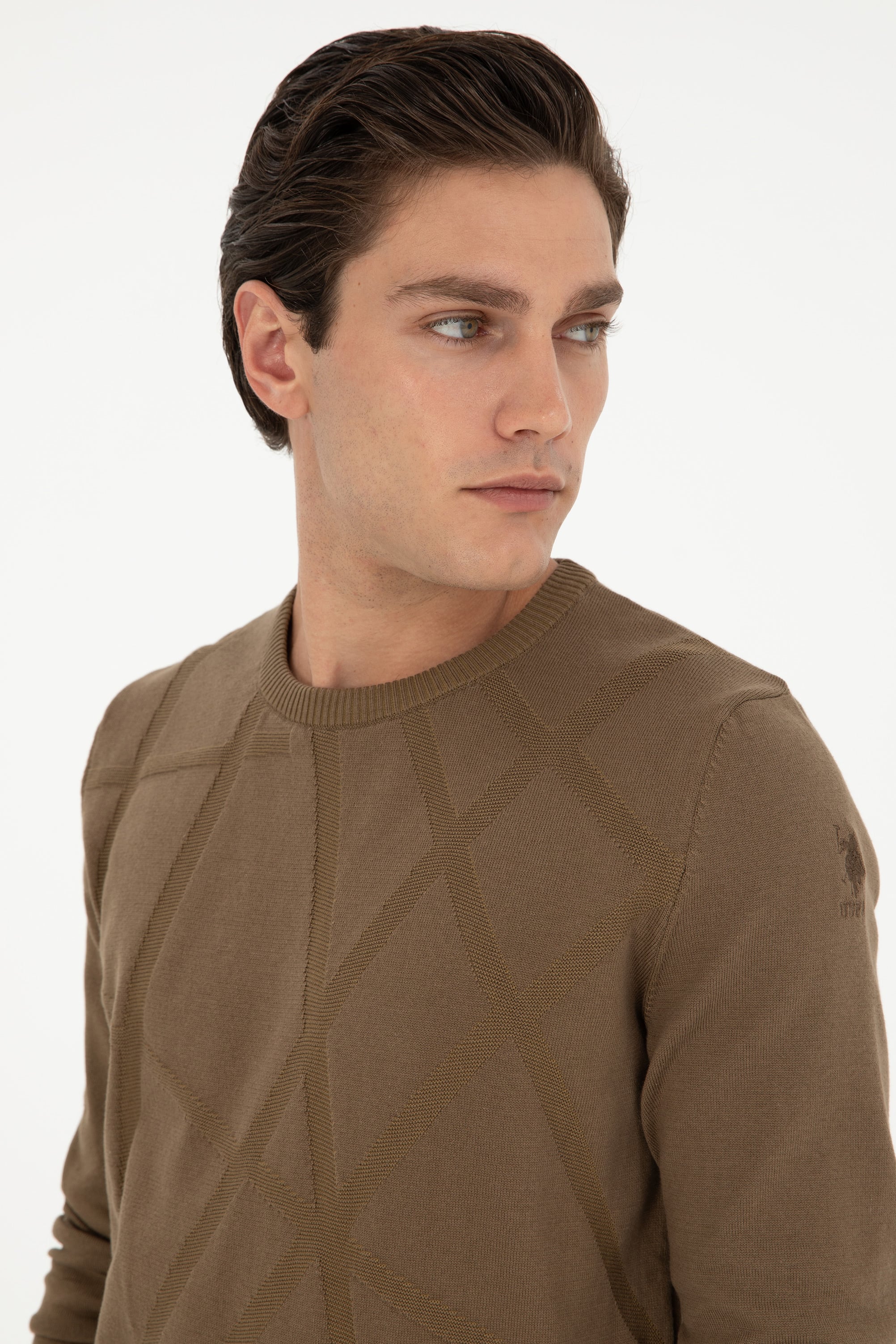 Erkek Slim Fit Bisiklet Yaka Haki Kazak - Image 2