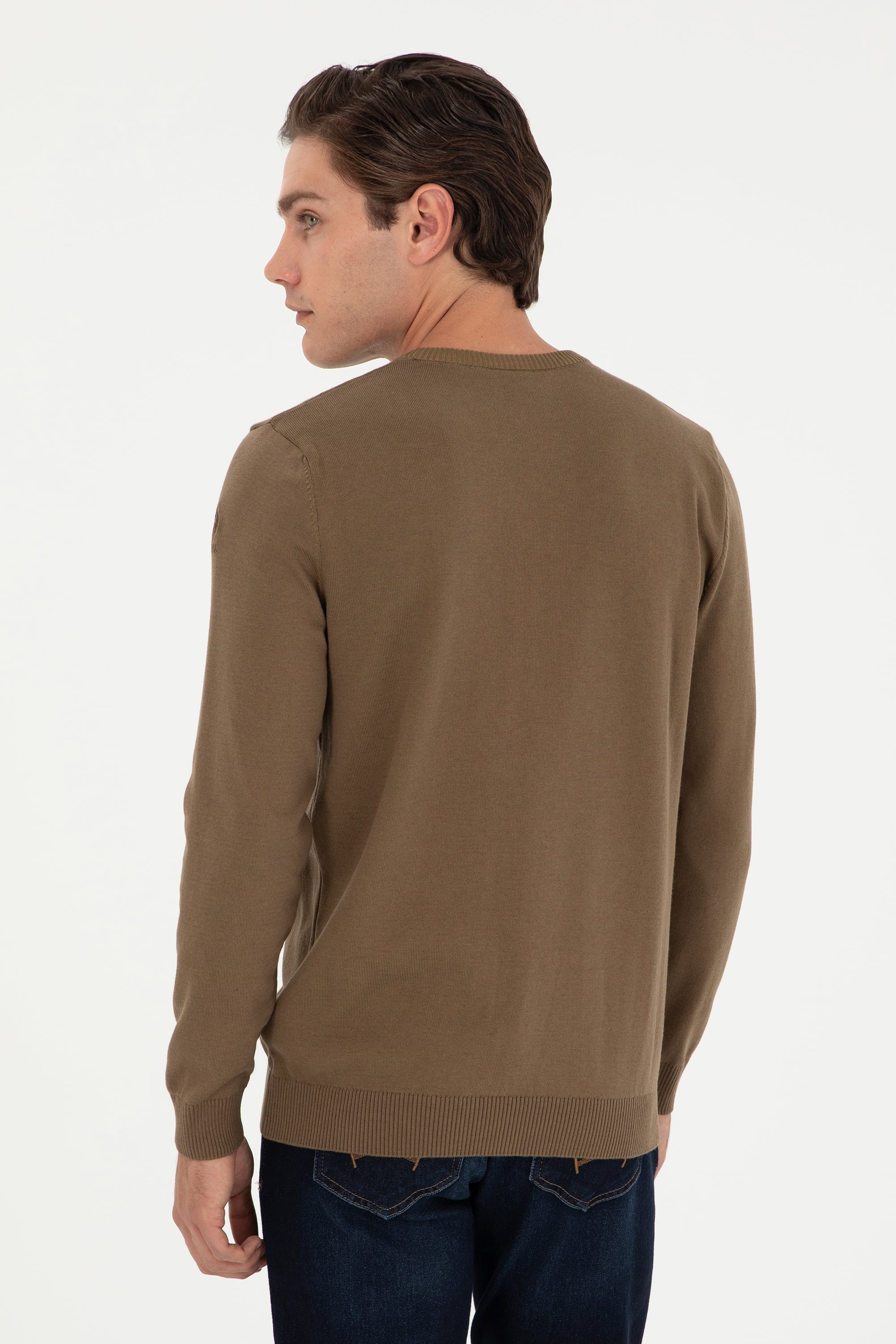 Erkek Slim Fit Bisiklet Yaka Haki Kazak