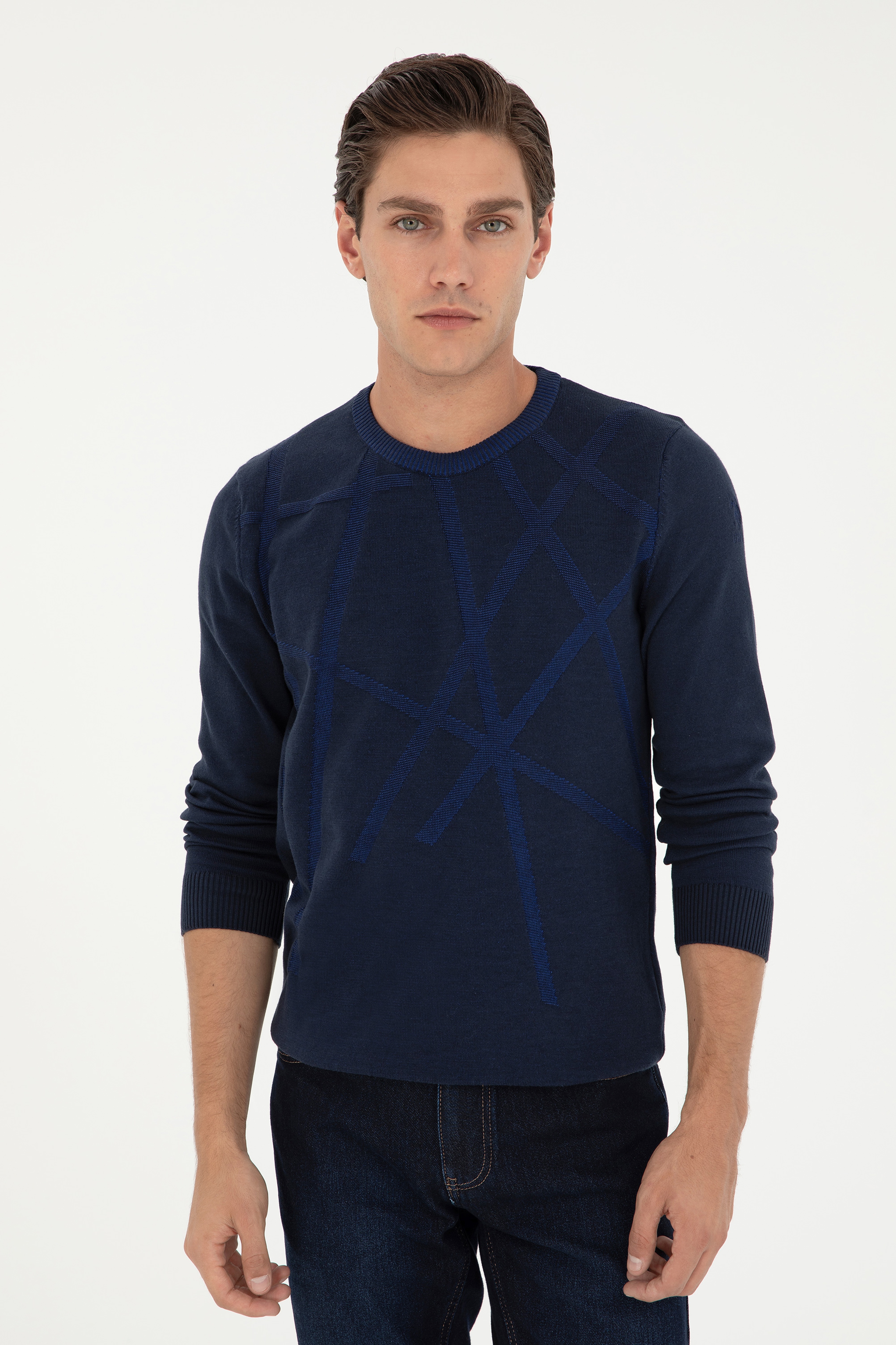 Erkek Slim Fit Bisiklet Yaka Lacivert Kazak