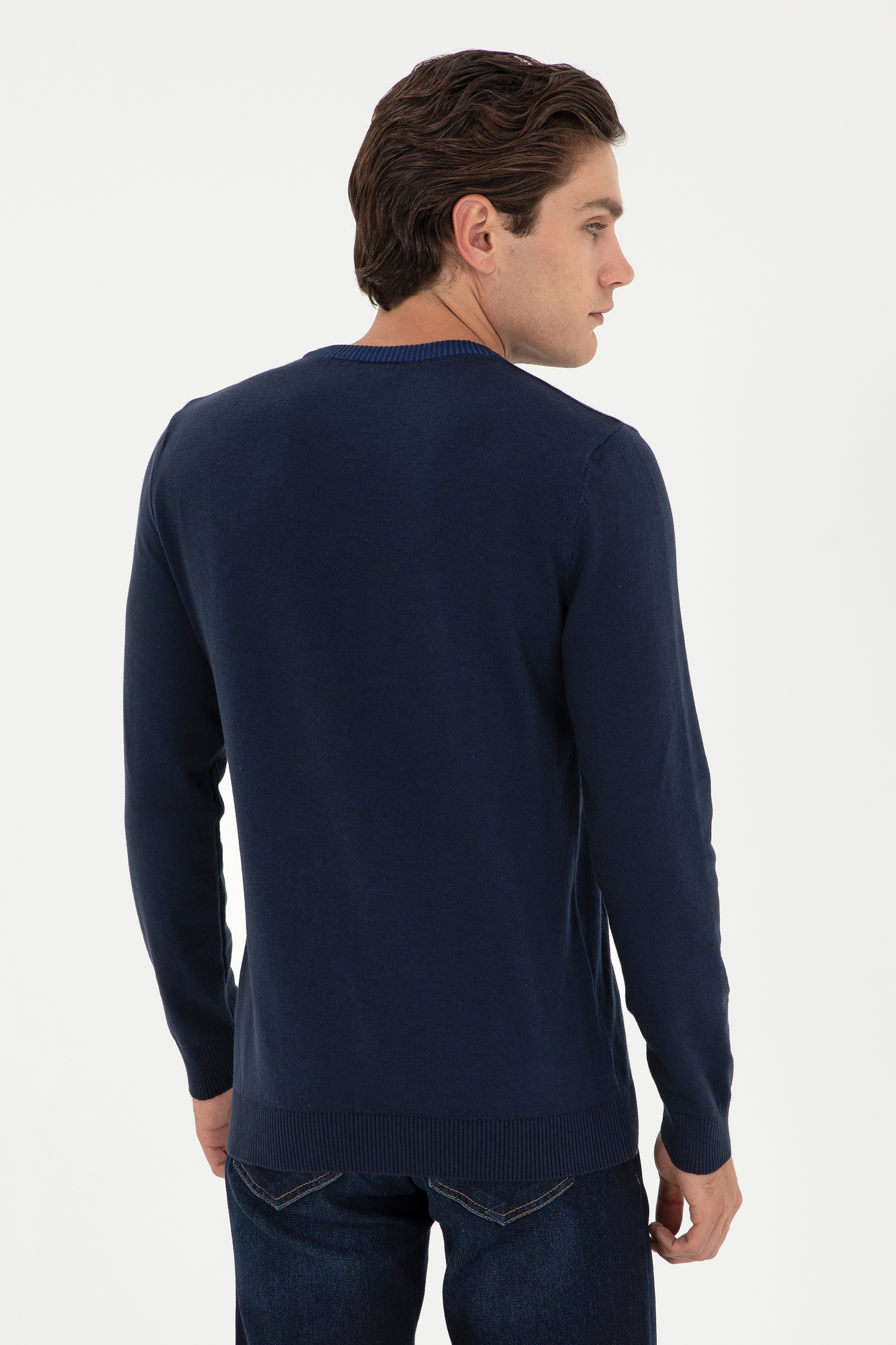 Erkek Slim Fit Bisiklet Yaka Lacivert Kazak