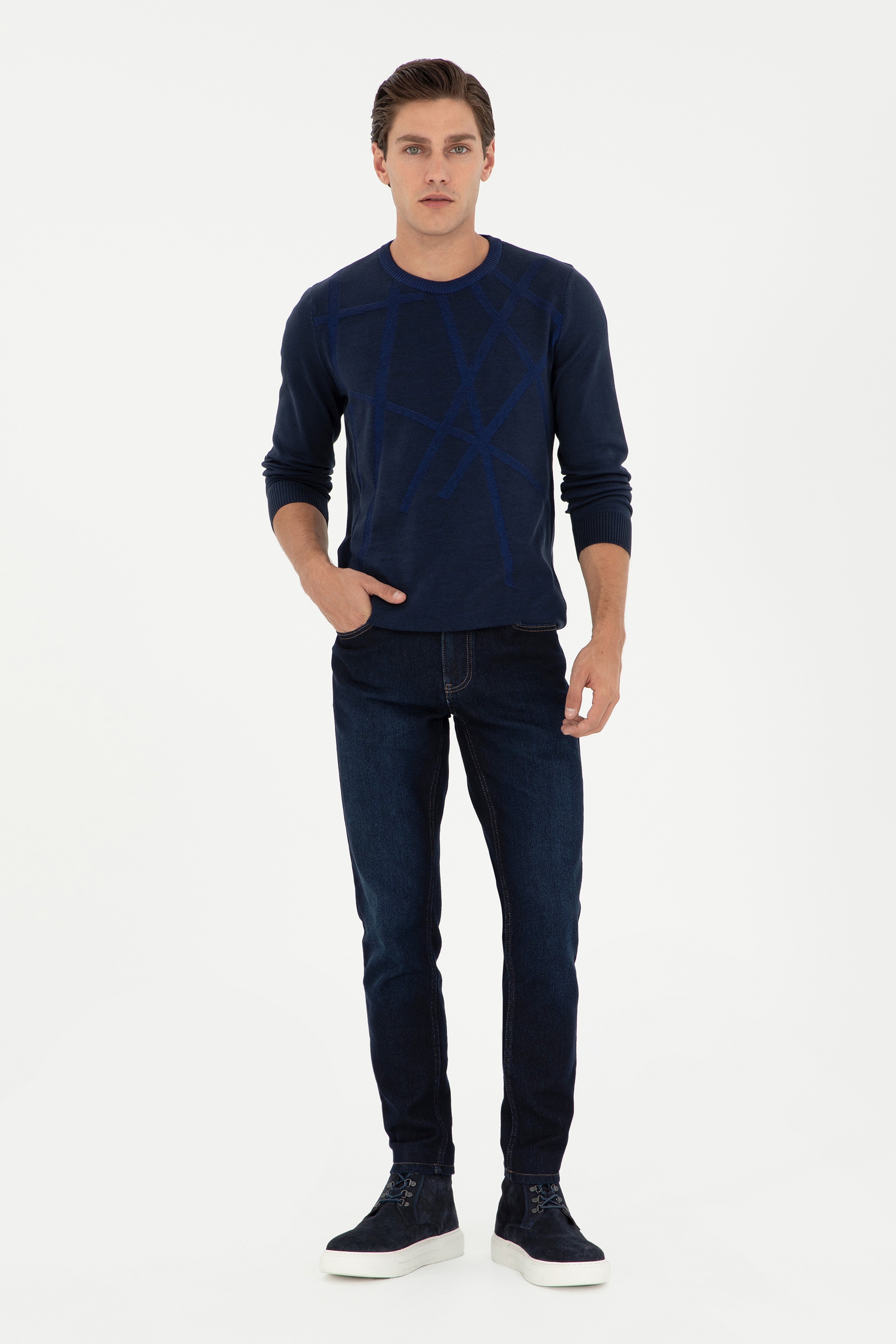Erkek Slim Fit Bisiklet Yaka Lacivert Kazak - Image 4