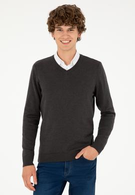 Erkek Slim Fit V Yaka Antrasit Melanj Basic Kazak - 50293512062