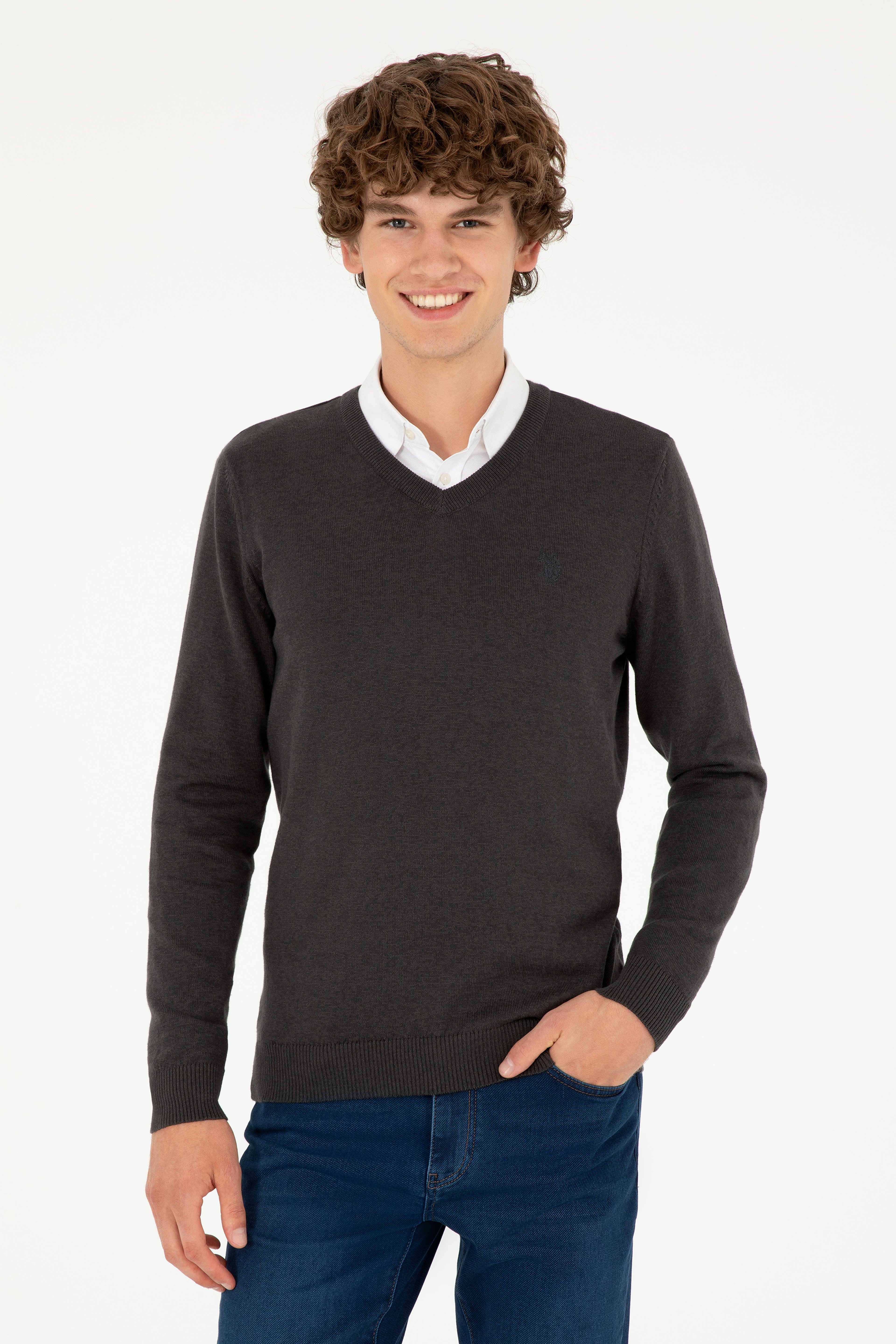 Erkek Slim Fit V Yaka Antrasit Melanj Basic Kazak - Image 1