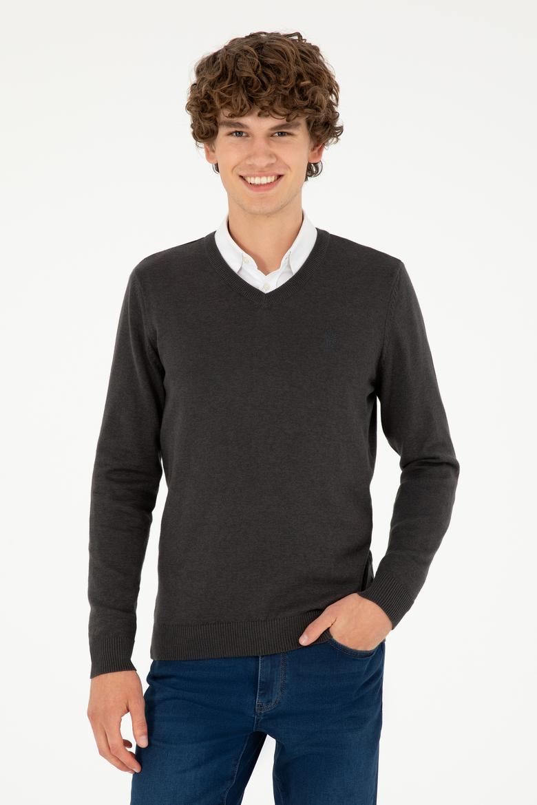 Erkek Slim Fit V Yaka Antrasit Melanj Basic Kazak