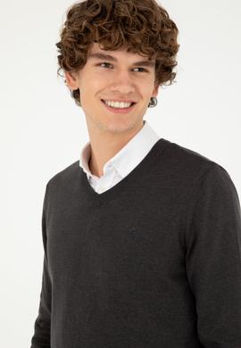 Erkek Slim Fit V Yaka Antrasit Melanj Basic Kazak - 50293512062