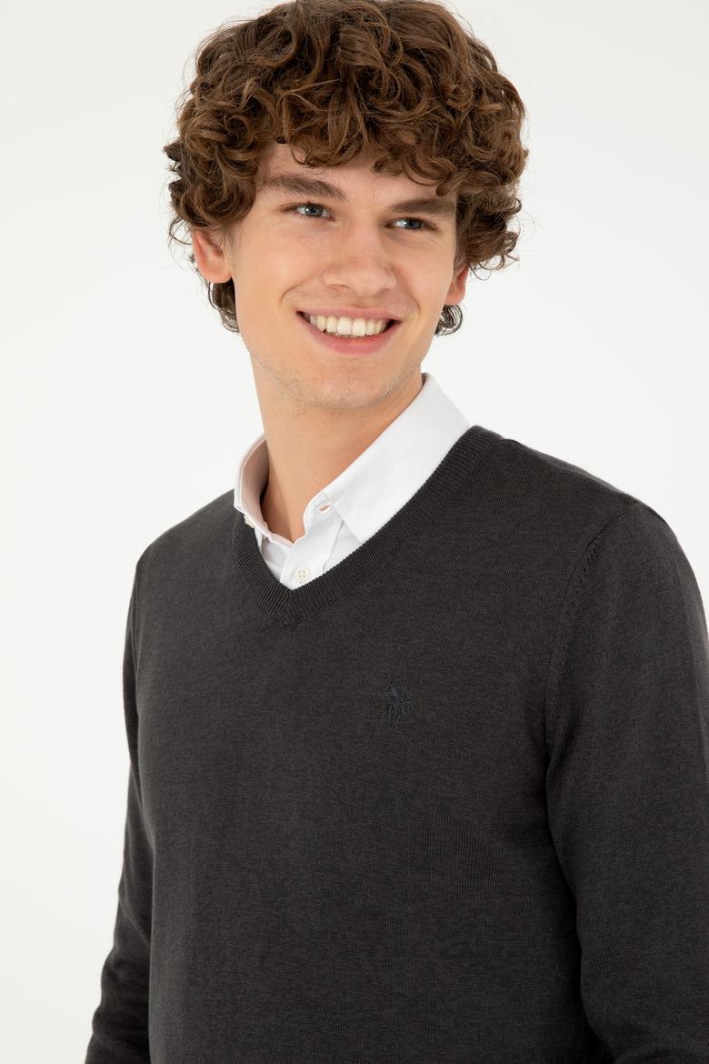 Erkek Slim Fit V Yaka Antrasit Melanj Basic Kazak - 50293512062
