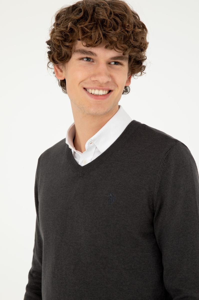Erkek Slim Fit V Yaka Antrasit Melanj Basic Kazak