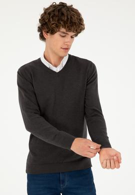 Erkek Slim Fit V Yaka Antrasit Melanj Basic Kazak - 50293512062