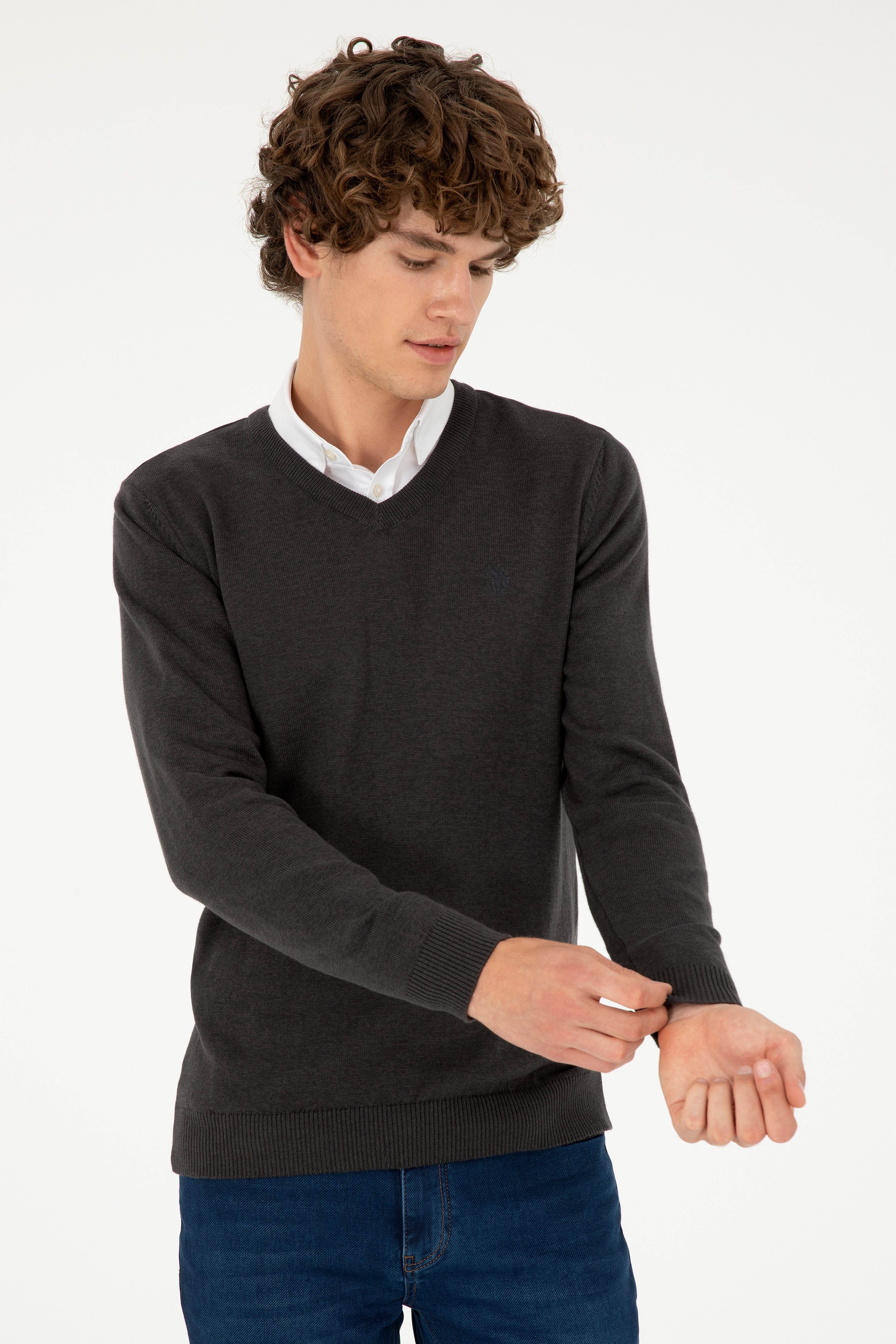 Erkek Slim Fit V Yaka Antrasit Melanj Basic Kazak