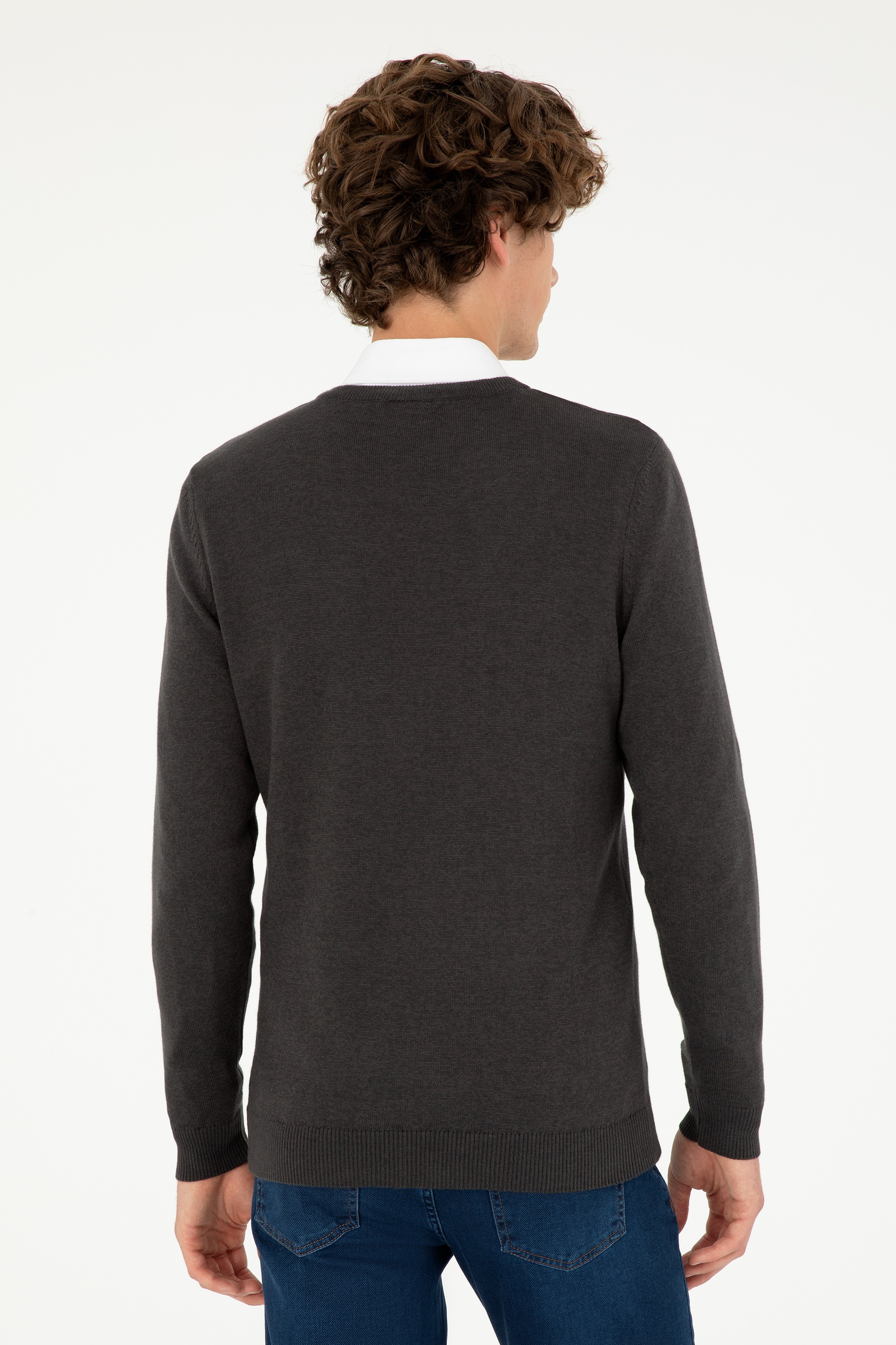 Erkek Slim Fit V Yaka Antrasit Melanj Basic Kazak - Image 5