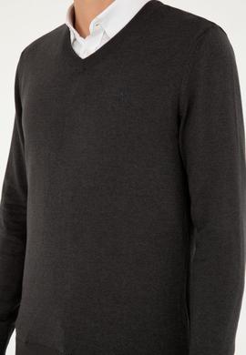 Erkek Slim Fit V Yaka Antrasit Melanj Basic Kazak - 50293512062