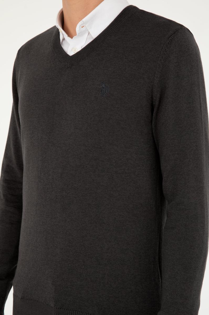 Erkek Slim Fit V Yaka Antrasit Melanj Basic Kazak