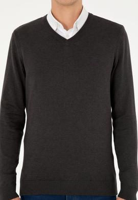 Erkek Slim Fit V Yaka Antrasit Melanj Basic Kazak - 50293512062
