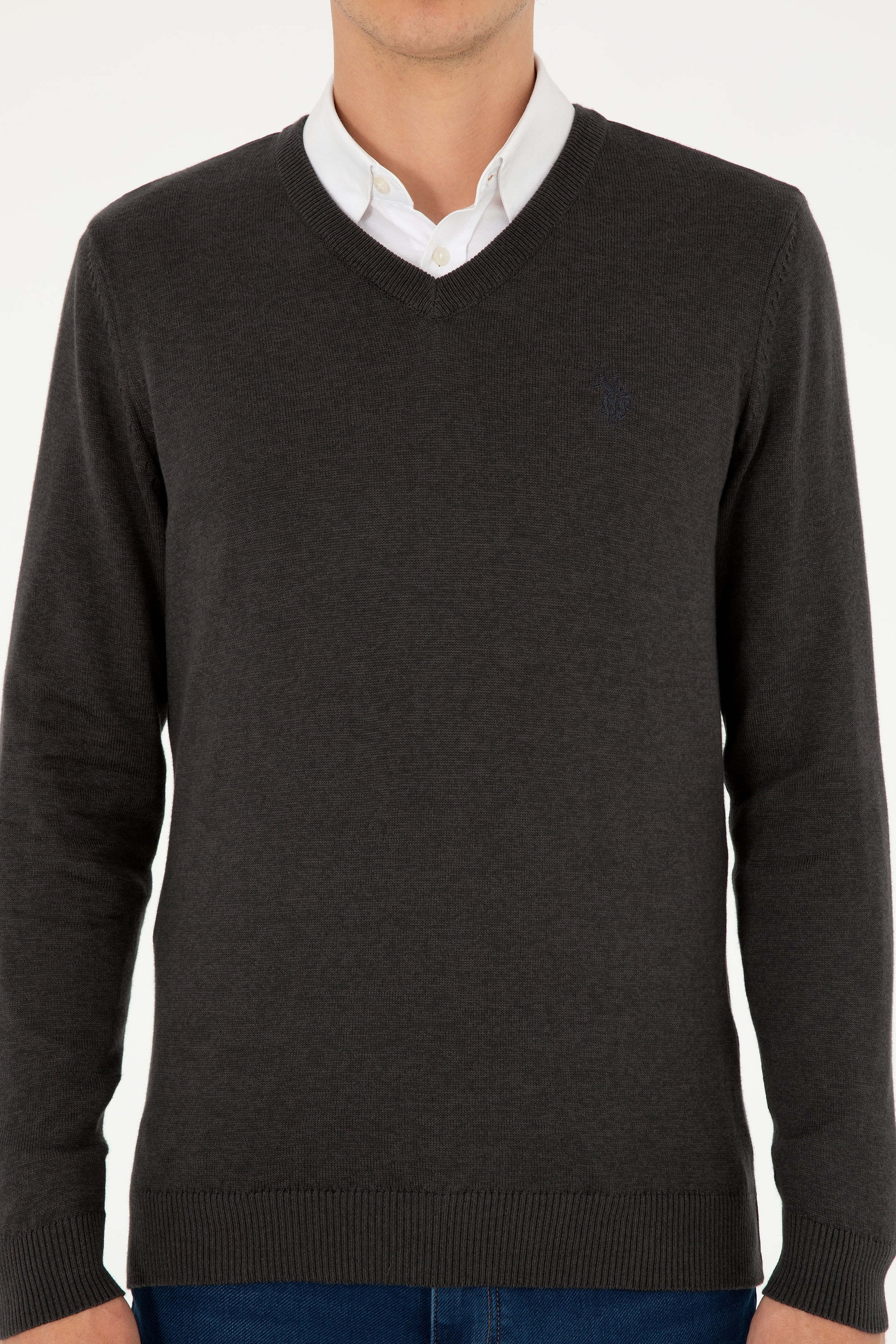 Erkek Slim Fit V Yaka Antrasit Melanj Basic Kazak