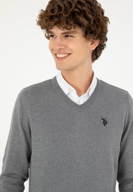 Erkek Slim Fit V Yaka Gri Melanj Basic Kazak - 50293512141