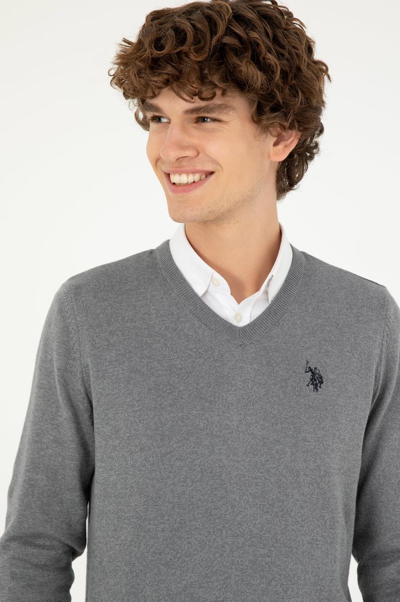 Erkek Slim Fit V Yaka Gri Melanj Basic Kazak