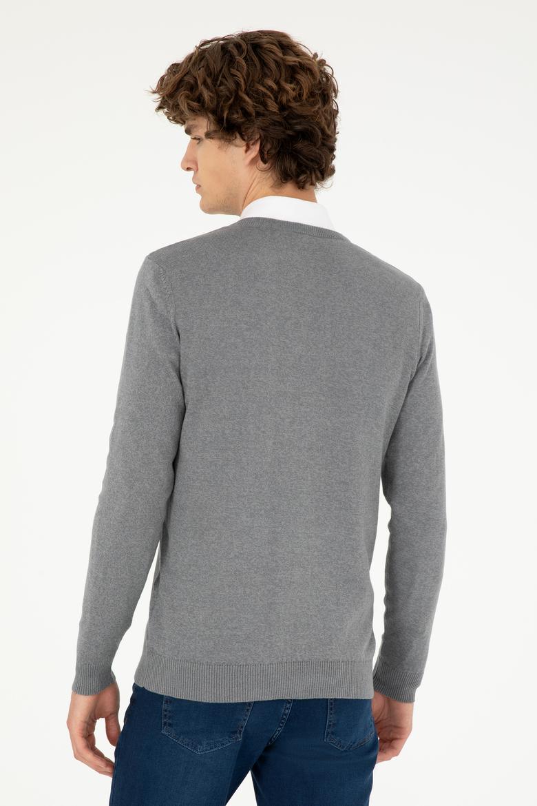 Erkek Slim Fit V Yaka Gri Melanj Basic Kazak - 50293512141