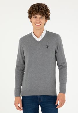 Erkek Slim Fit V Yaka Gri Melanj Basic Kazak - 50293512141