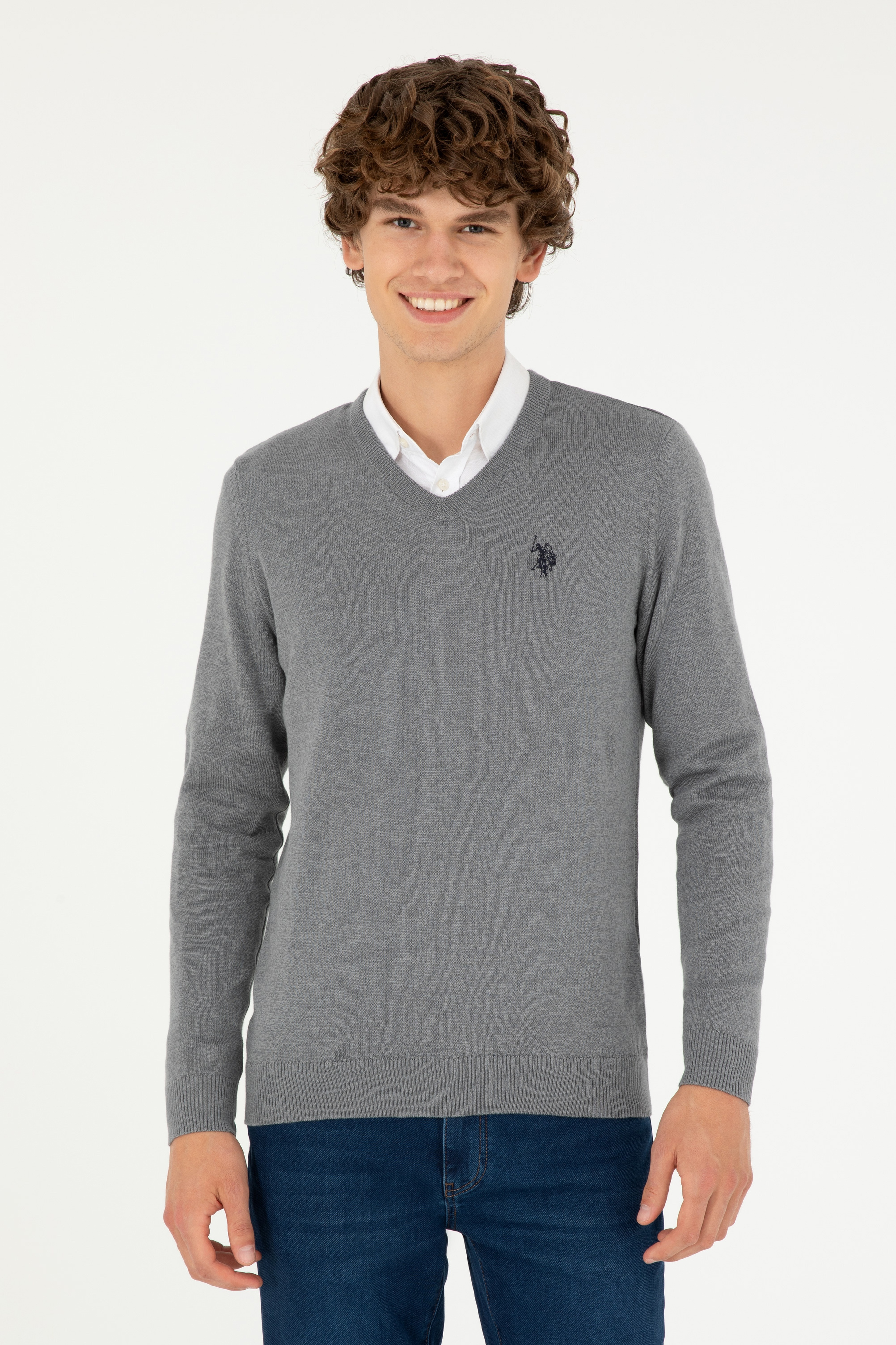Erkek Slim Fit V Yaka Gri Melanj Basic Kazak - Image 1