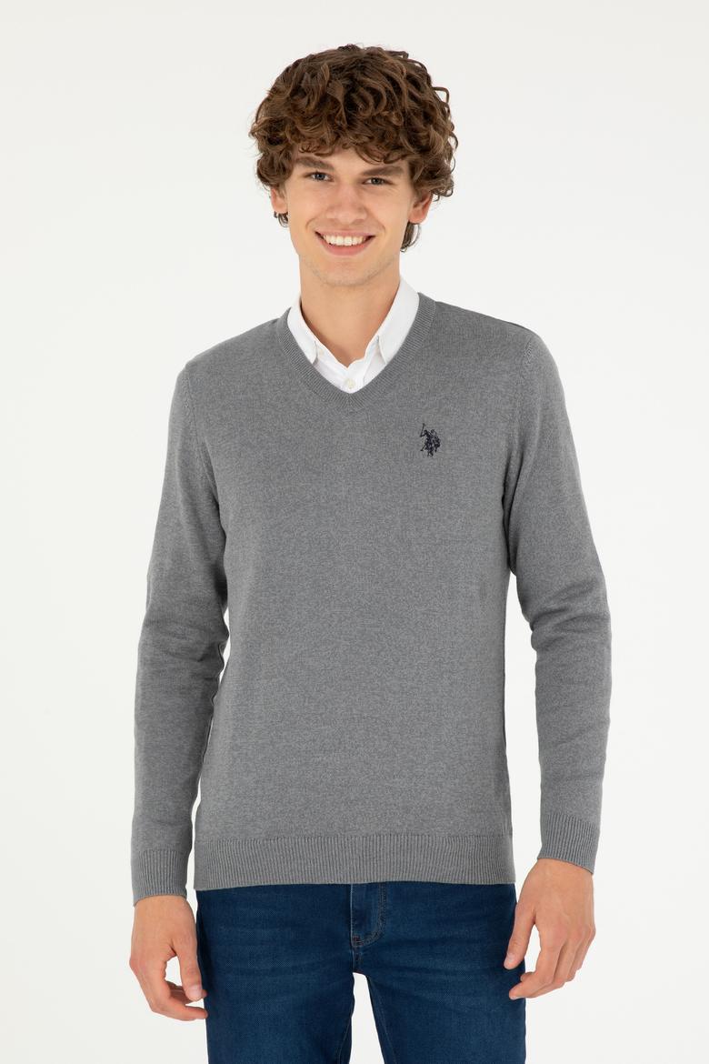 Erkek Slim Fit V Yaka Gri Melanj Basic Kazak