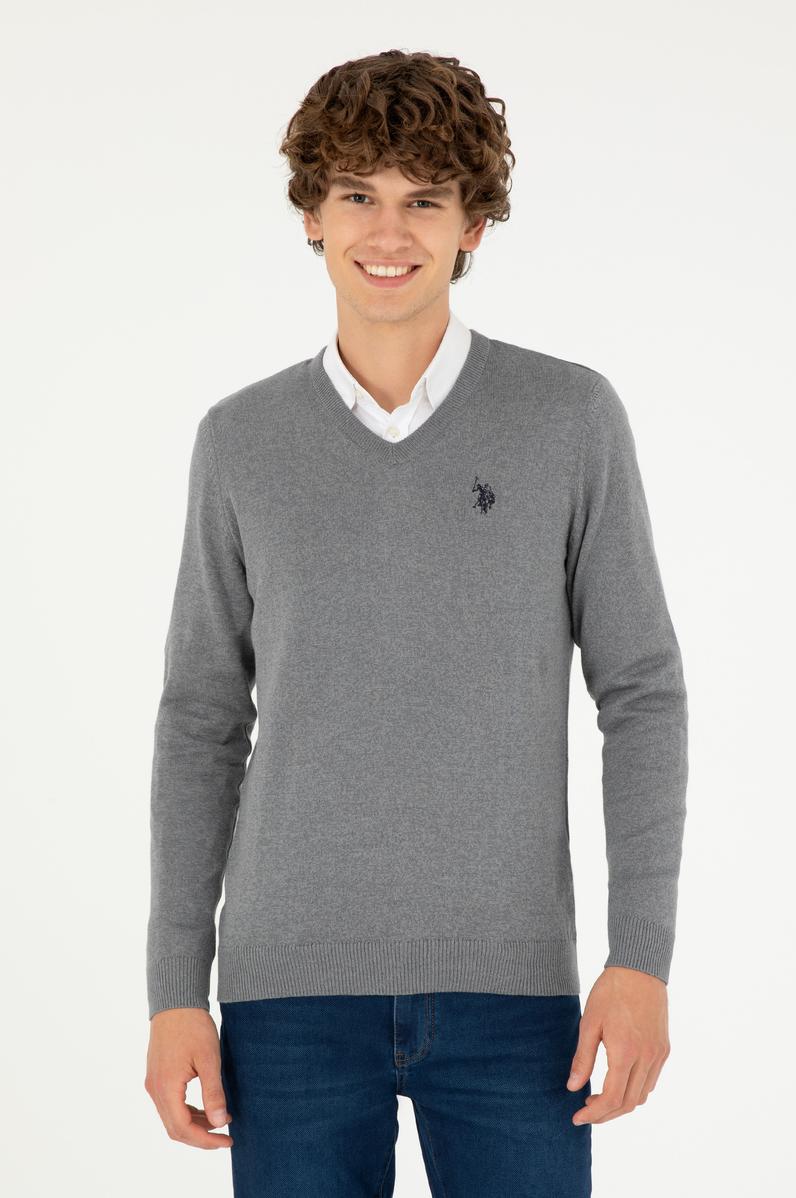 Erkek Slim Fit V Yaka Gri Melanj Basic Kazak