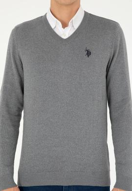 Erkek Slim Fit V Yaka Gri Melanj Basic Kazak - 50293512141