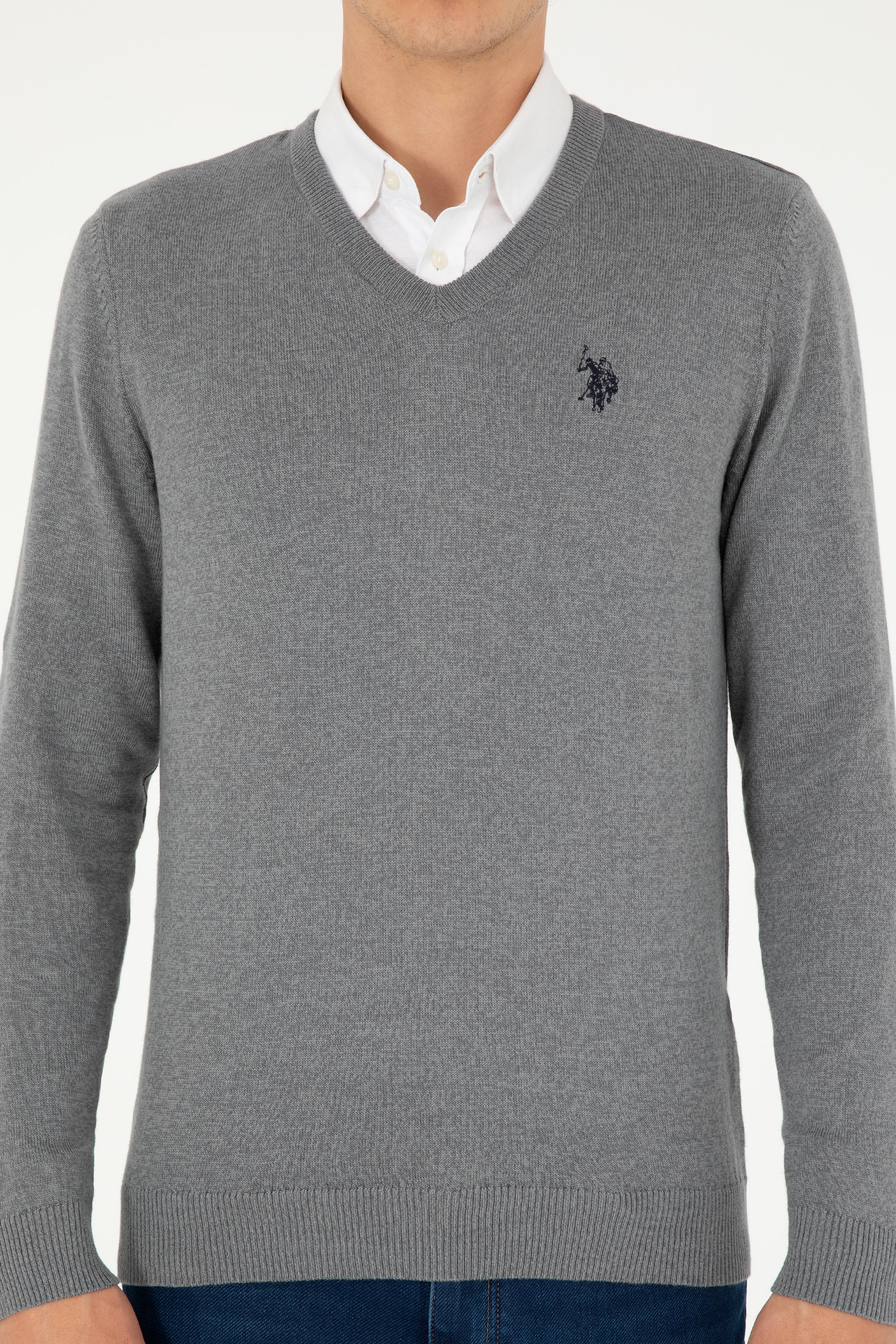 Erkek Slim Fit V Yaka Gri Melanj Basic Kazak