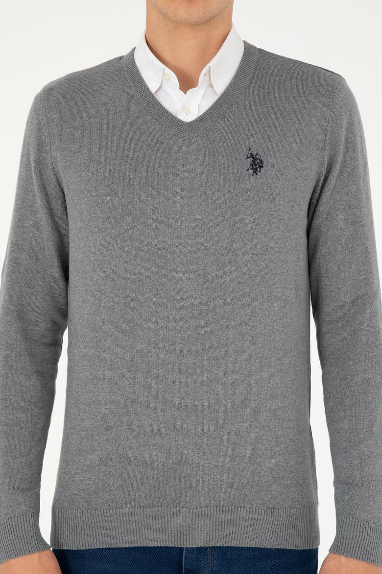 Erkek Slim Fit V Yaka Gri Melanj Basic Kazak - 50293512141