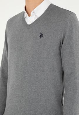 Erkek Slim Fit V Yaka Gri Melanj Basic Kazak - 50293512141