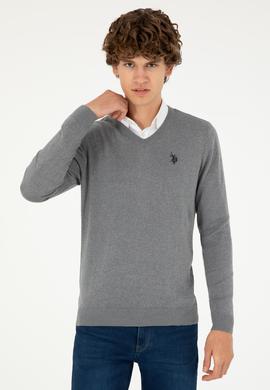 Erkek Slim Fit V Yaka Gri Melanj Basic Kazak - 50293512141