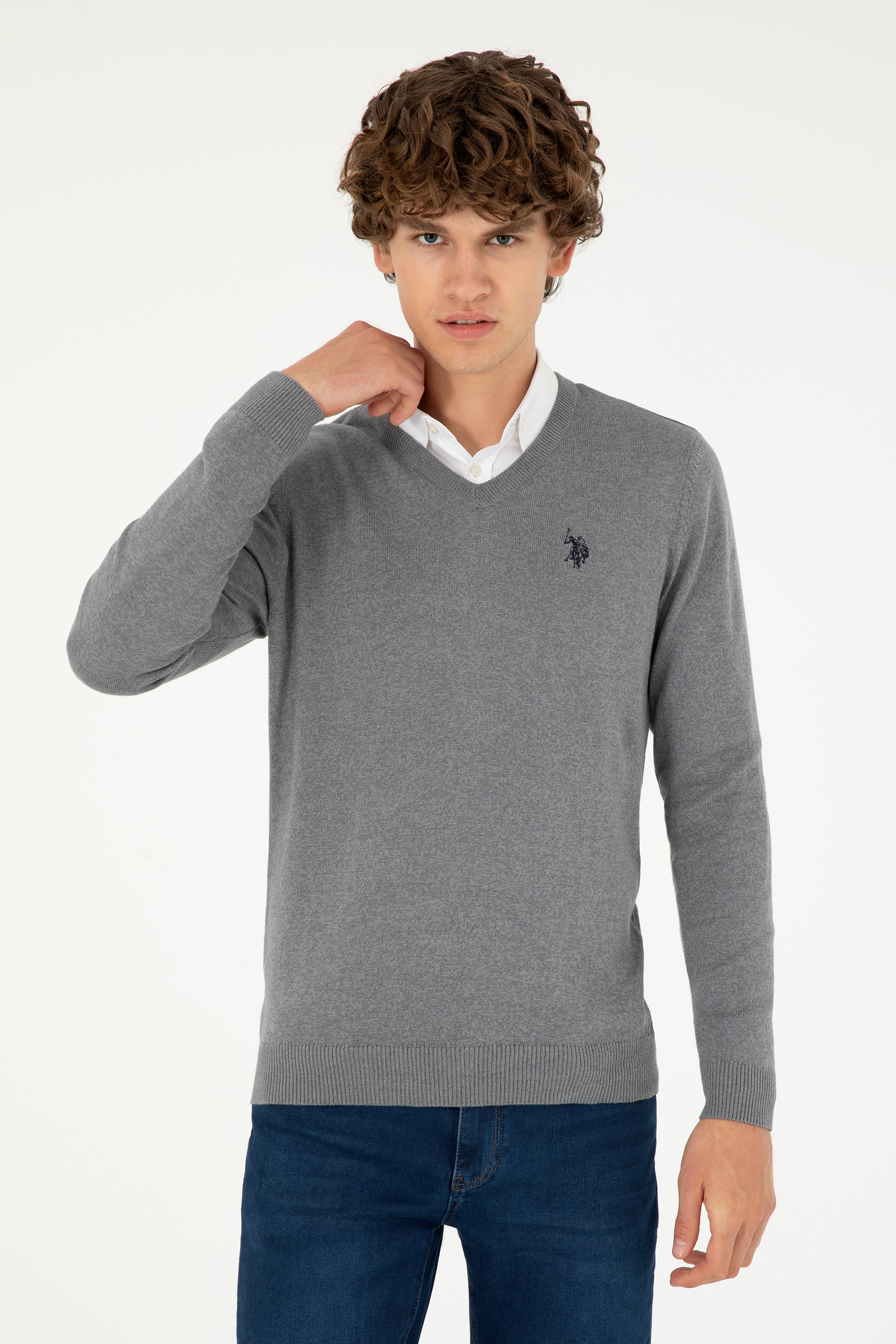Erkek Slim Fit V Yaka Gri Melanj Basic Kazak