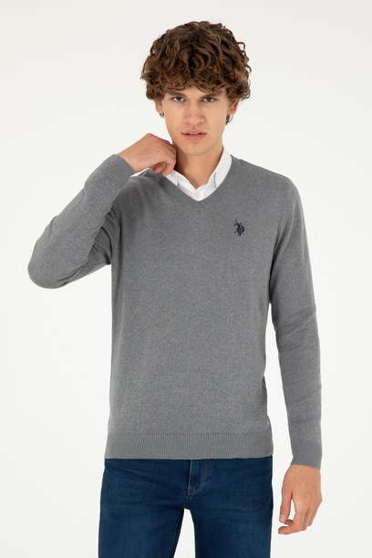 Erkek Slim Fit V Yaka Gri Melanj Basic Kazak